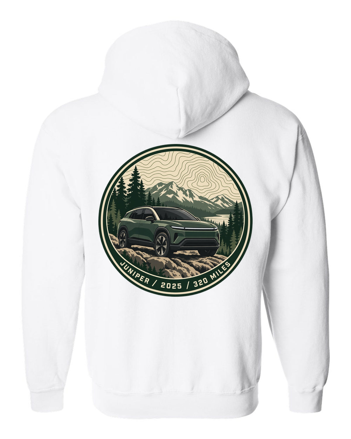 Topographic contour map trail badge print for a Tesla Model Y Juniper reading Juniper 2025 320 Miles white zip hoodie back view with the design