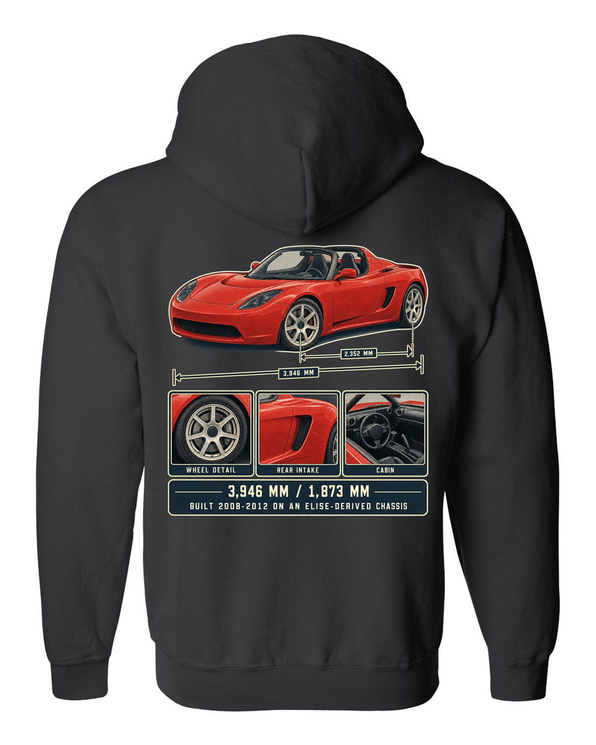 Dossier panel print of a first-generation Tesla Roadster with dimensions black zip hoodie back view with the design