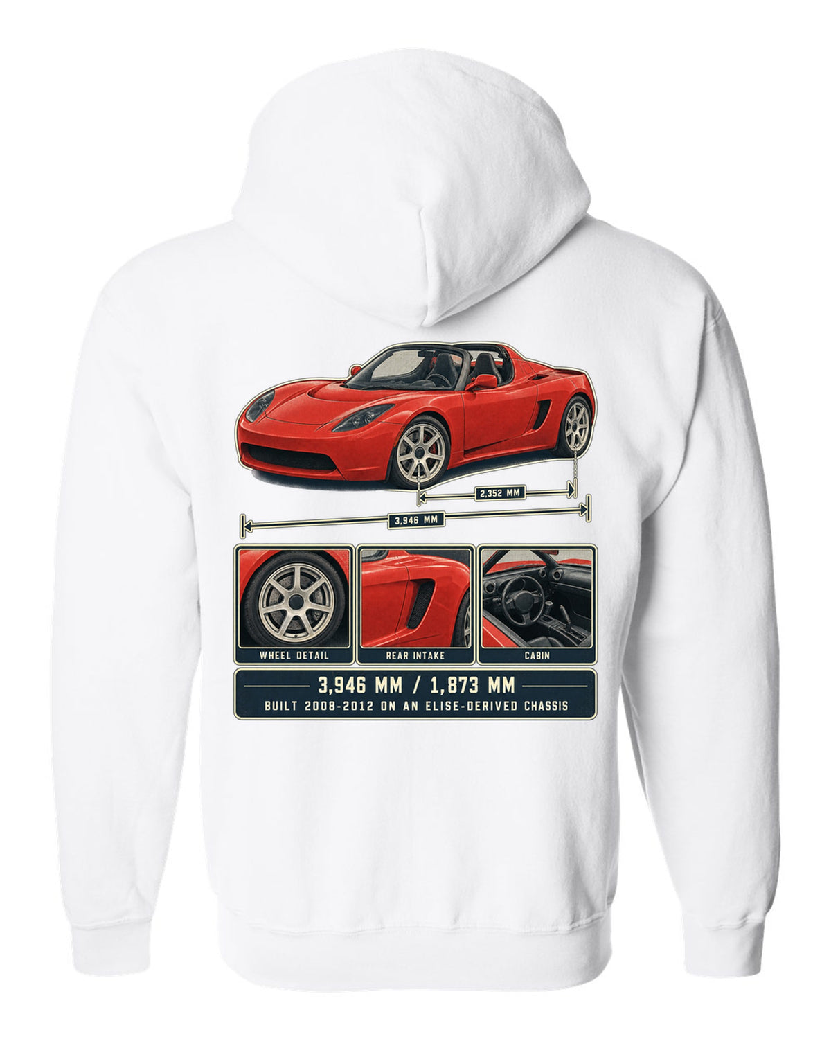 Dossier panel print of a first-generation Tesla Roadster with dimensions white zip hoodie back view with the design