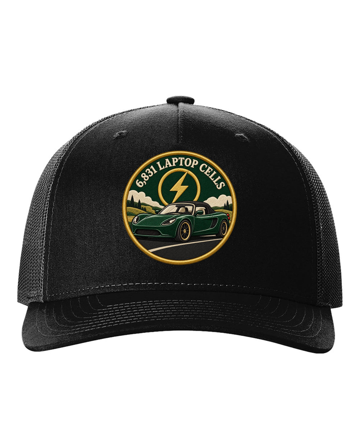 Round crest print of a Tesla Roadster Gen 1 reading 6,831 Laptop Cells black hat front view with the design