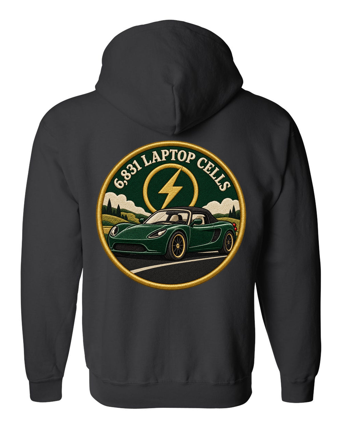Round crest print of a Tesla Roadster Gen 1 reading 6,831 Laptop Cells black zip hoodie back view with the design