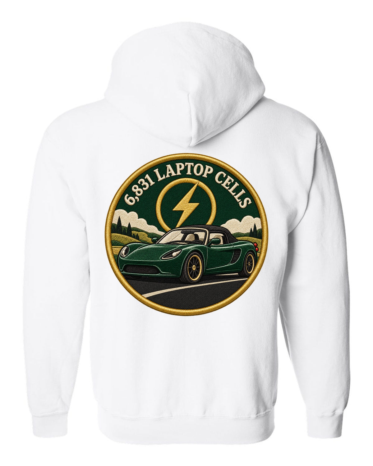 Round crest print of a Tesla Roadster Gen 1 reading 6,831 Laptop Cells white zip hoodie back view with the design