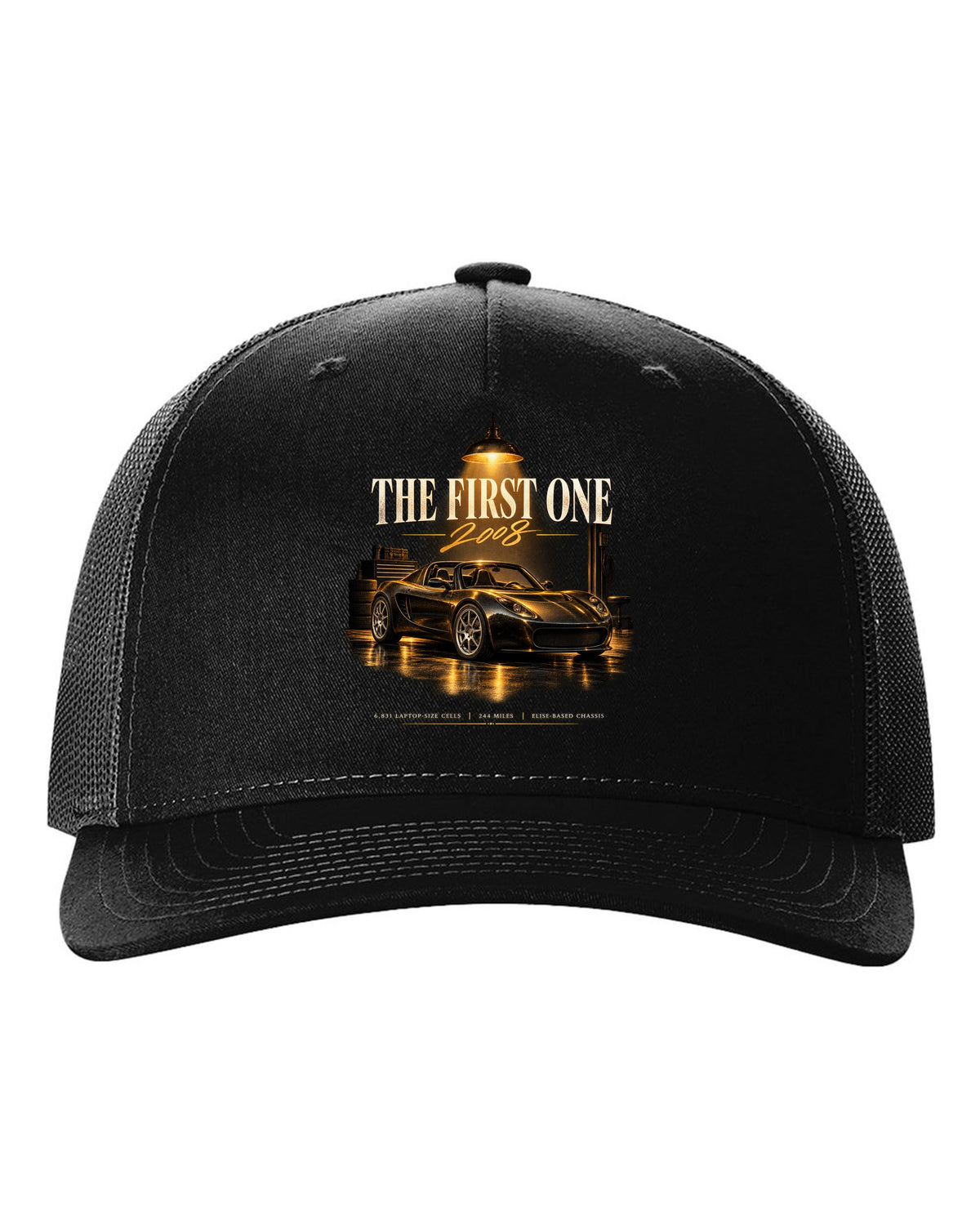 Garage night print of a first generation 2008 Tesla Roadster black hat front view with the design