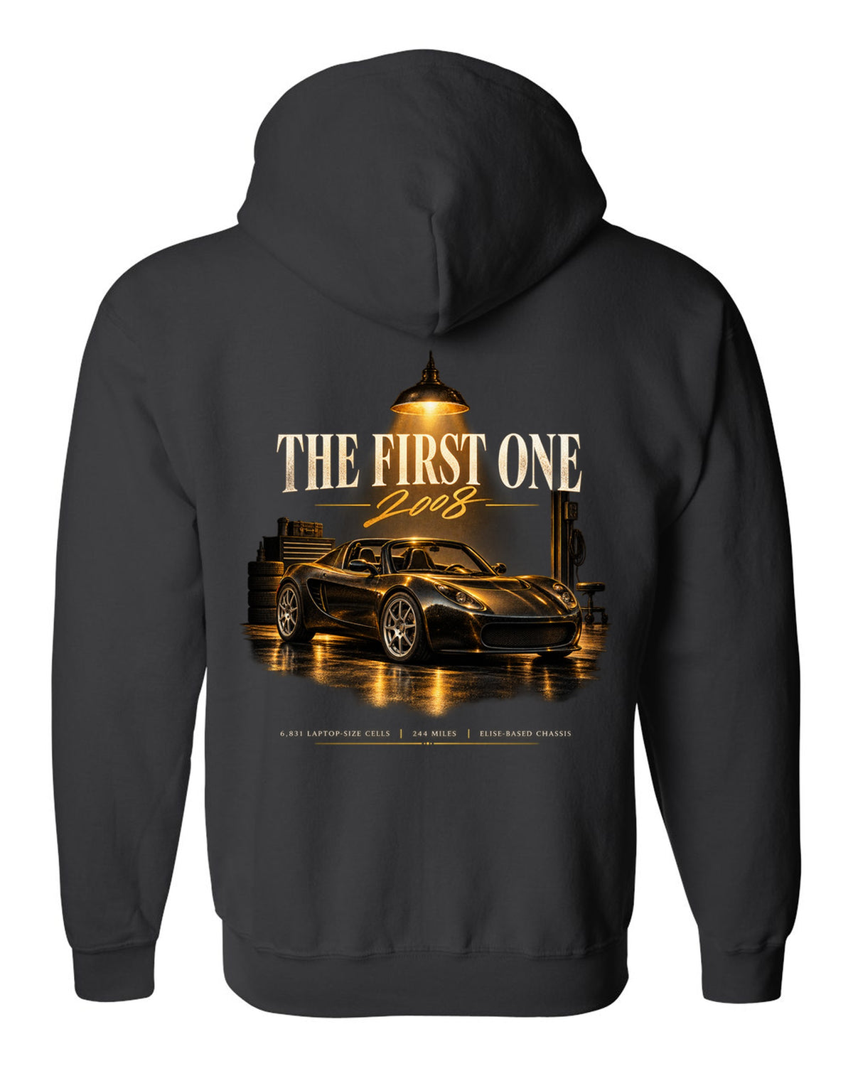 Garage night print of a first generation 2008 Tesla Roadster black zip hoodie back view with the design