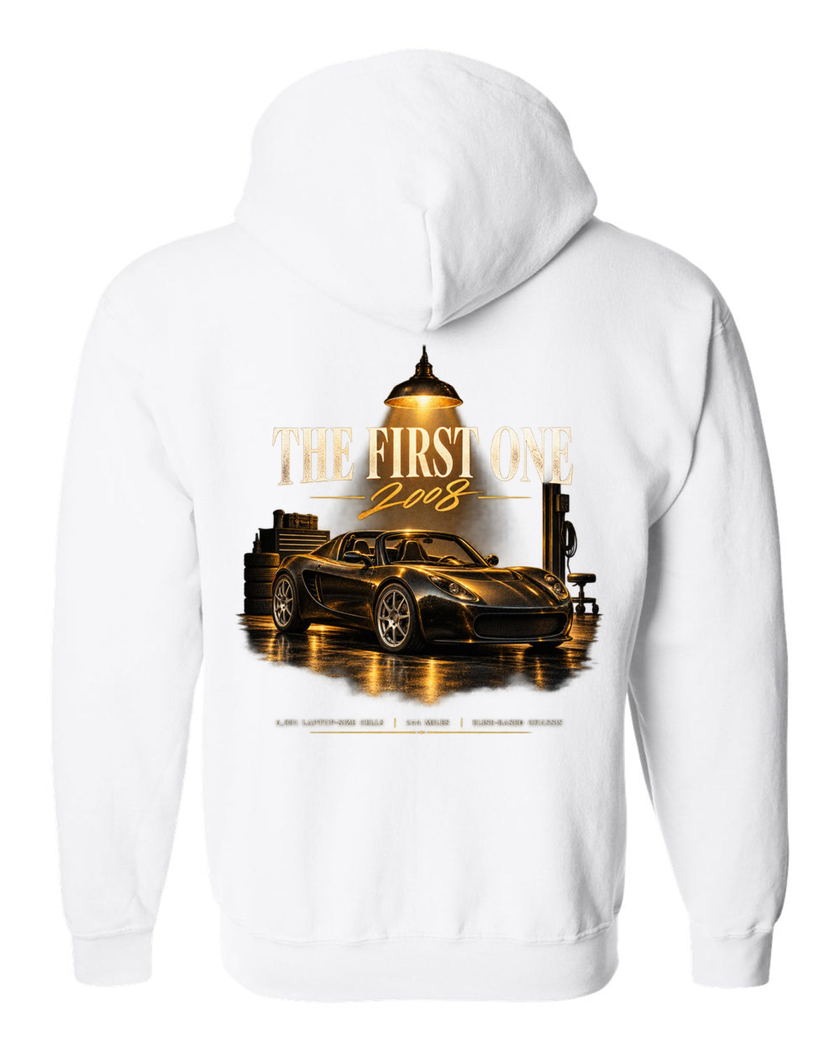 Garage night print of a first generation 2008 Tesla Roadster white zip hoodie back view with the design