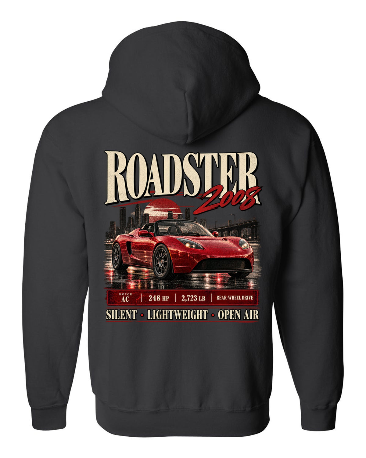 Tesla Roadster Gen 1 2008 archive panel with AC motor, 248 HP, 2,723 lb and rear-wheel drive black zip hoodie back view with the design