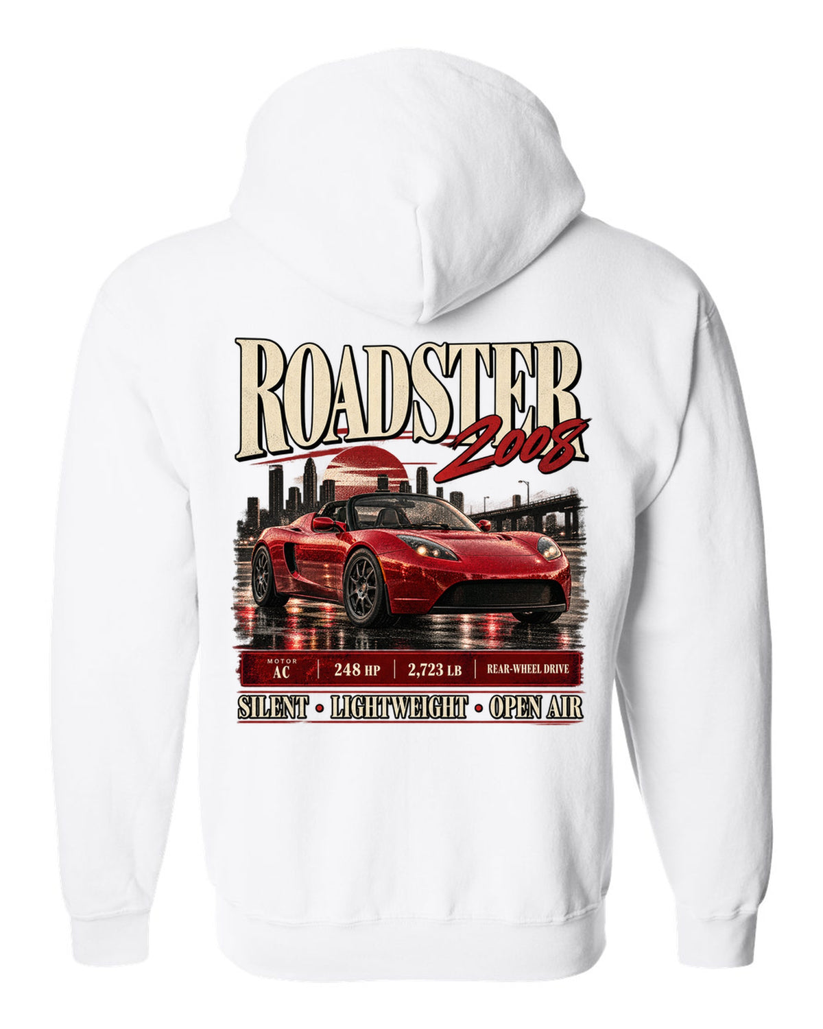 Tesla Roadster Gen 1 2008 archive panel with AC motor, 248 HP, 2,723 lb and rear-wheel drive white zip hoodie back view with the design
