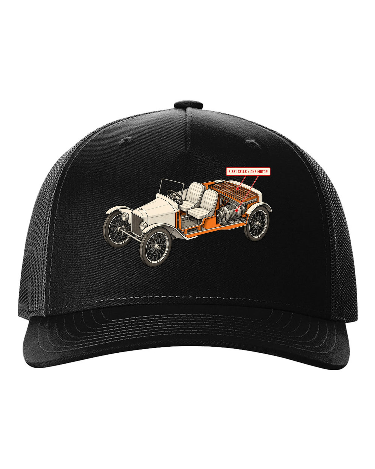 Isometric cutaway diagram print of a Tesla Roadster Gen 1 reading 6,831 Cells One Motor black hat front view with the design