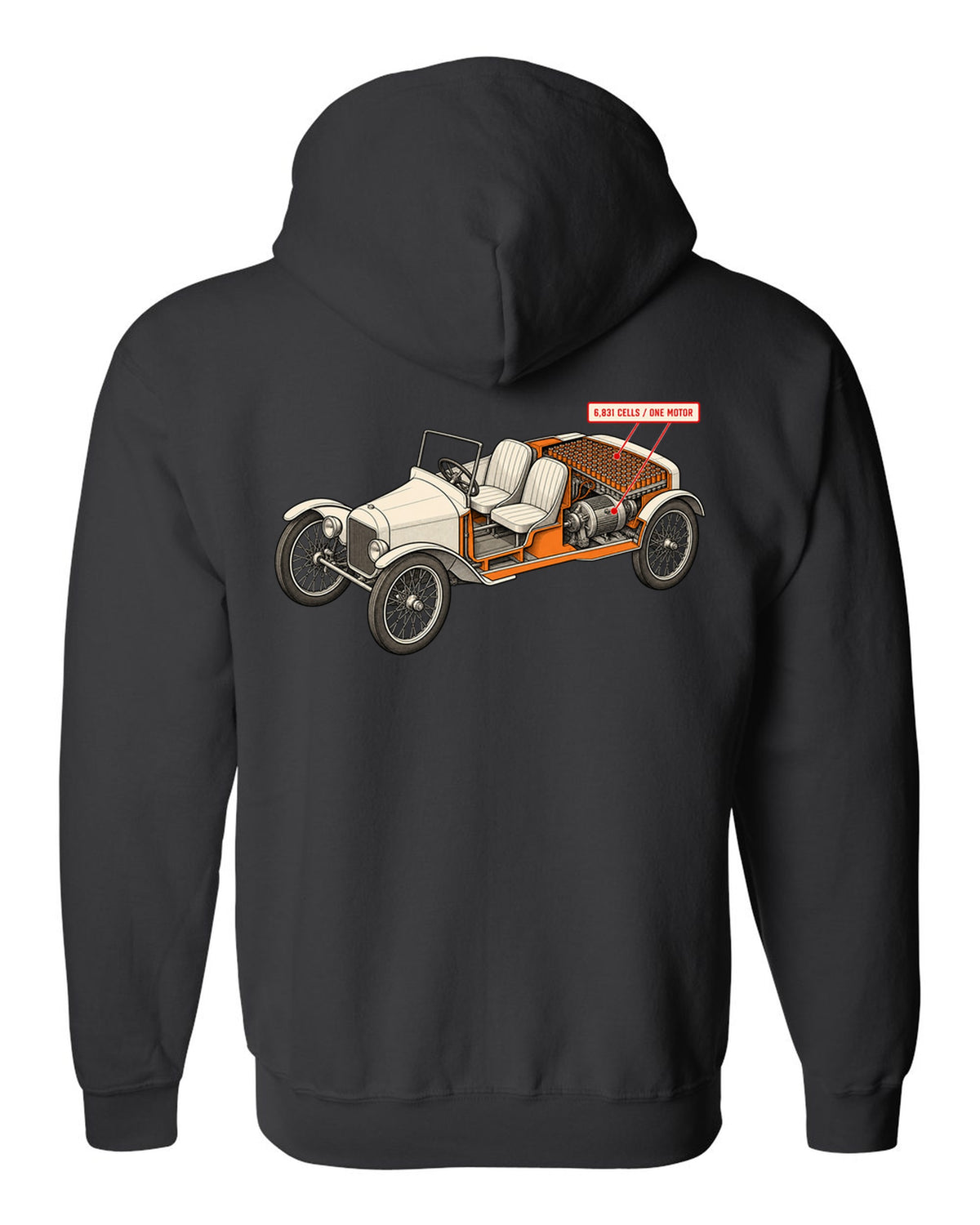 Isometric cutaway diagram print of a Tesla Roadster Gen 1 reading 6,831 Cells One Motor black zip hoodie back view with the design