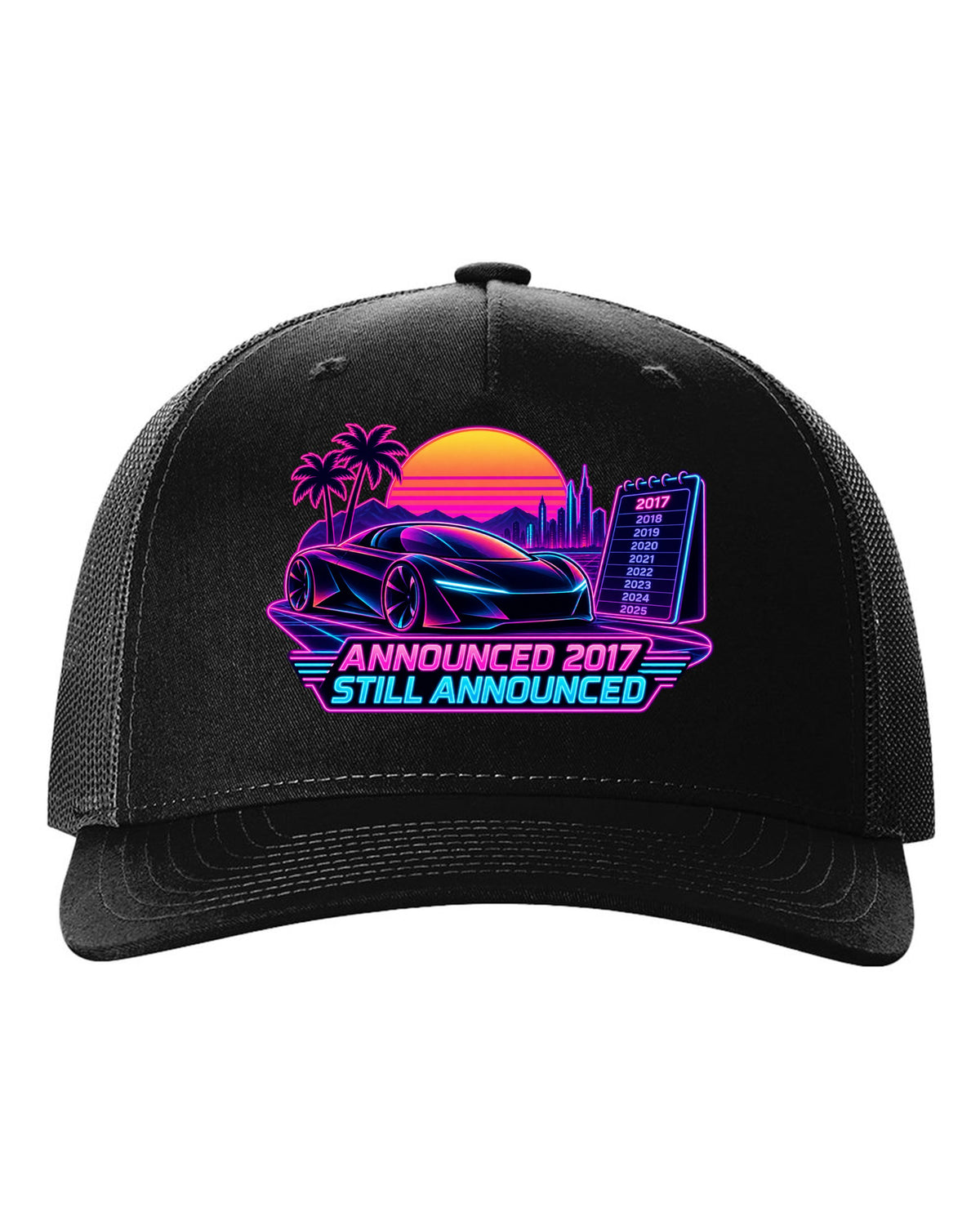 Neon synthwave print of a Tesla Roadster Gen 2 reading Announced 2017 Still Announced black hat front view with the design