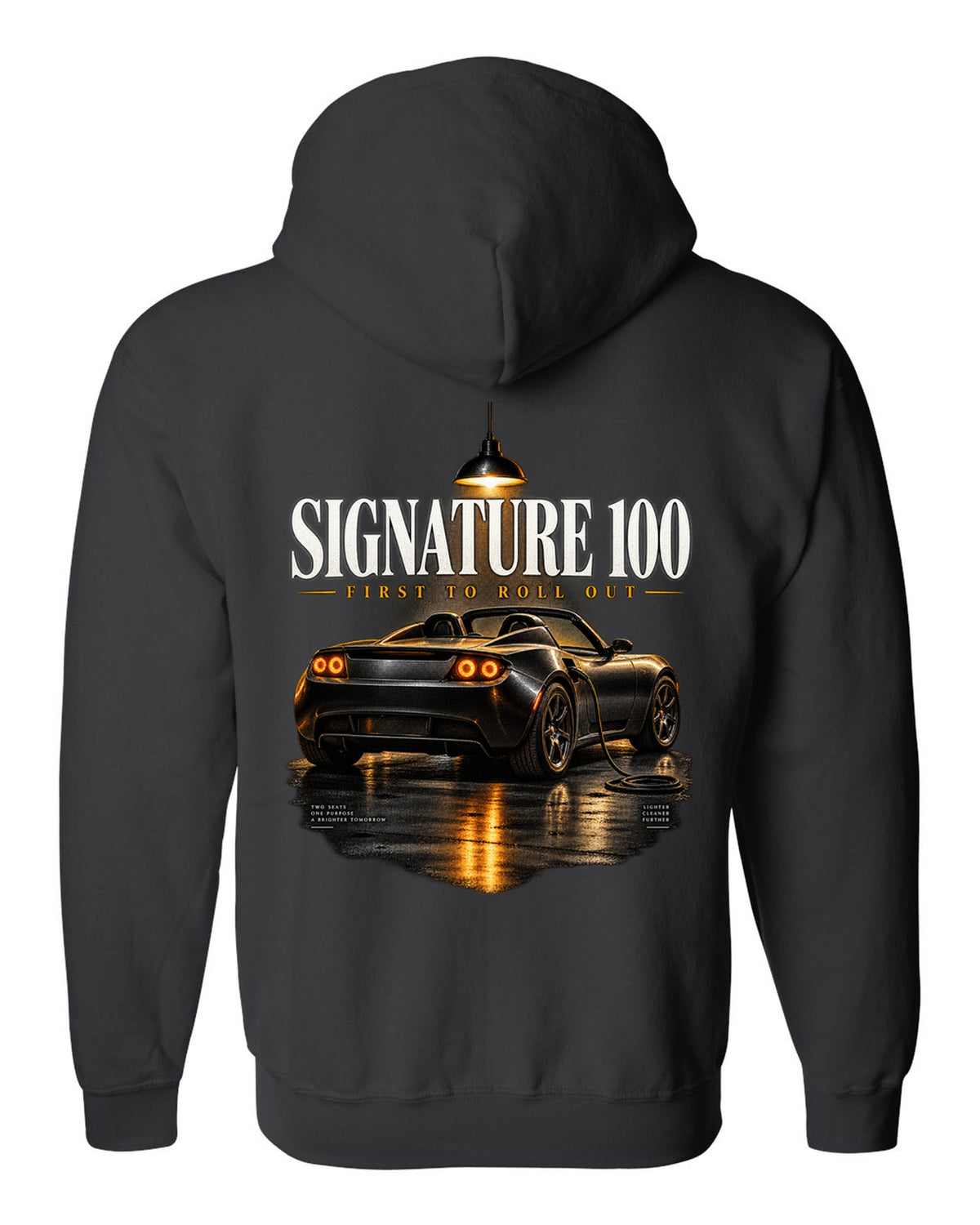 Tesla Roadster Gen 1 Signature 2008 in a night garage with the text Signature 100 first to roll out black zip hoodie back view with the design