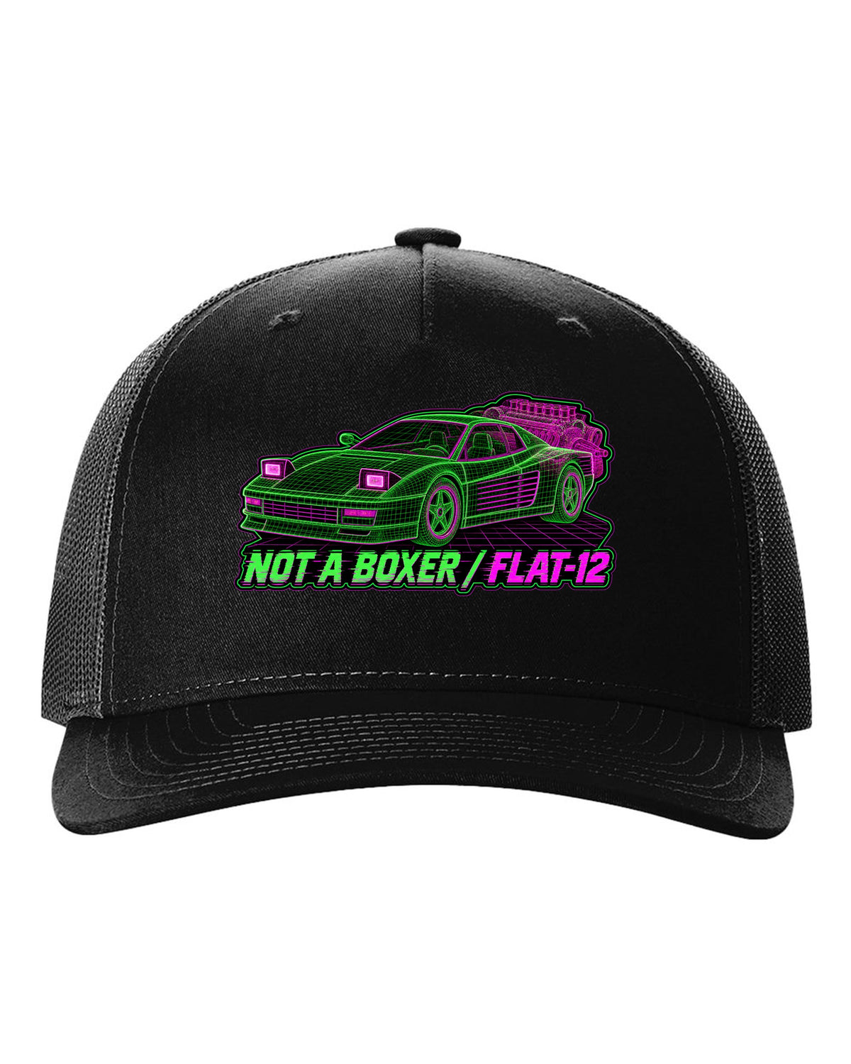 Wireframe mesh print of the Ferrari Testarossa F110 with the text not a boxer, flat-12 black hat front view with the design