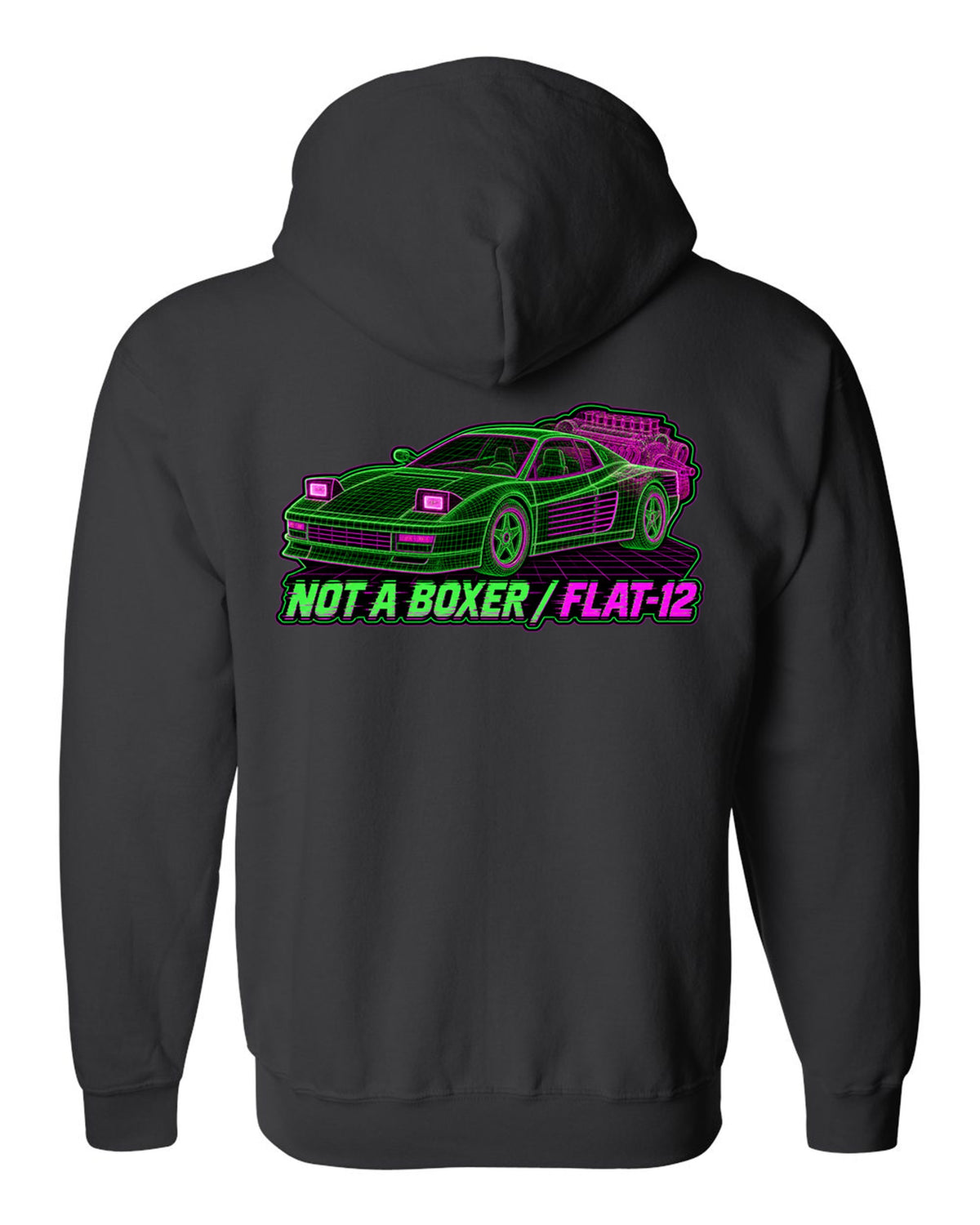 Wireframe mesh print of the Ferrari Testarossa F110 with the text not a boxer, flat-12 black zip hoodie back view with the design