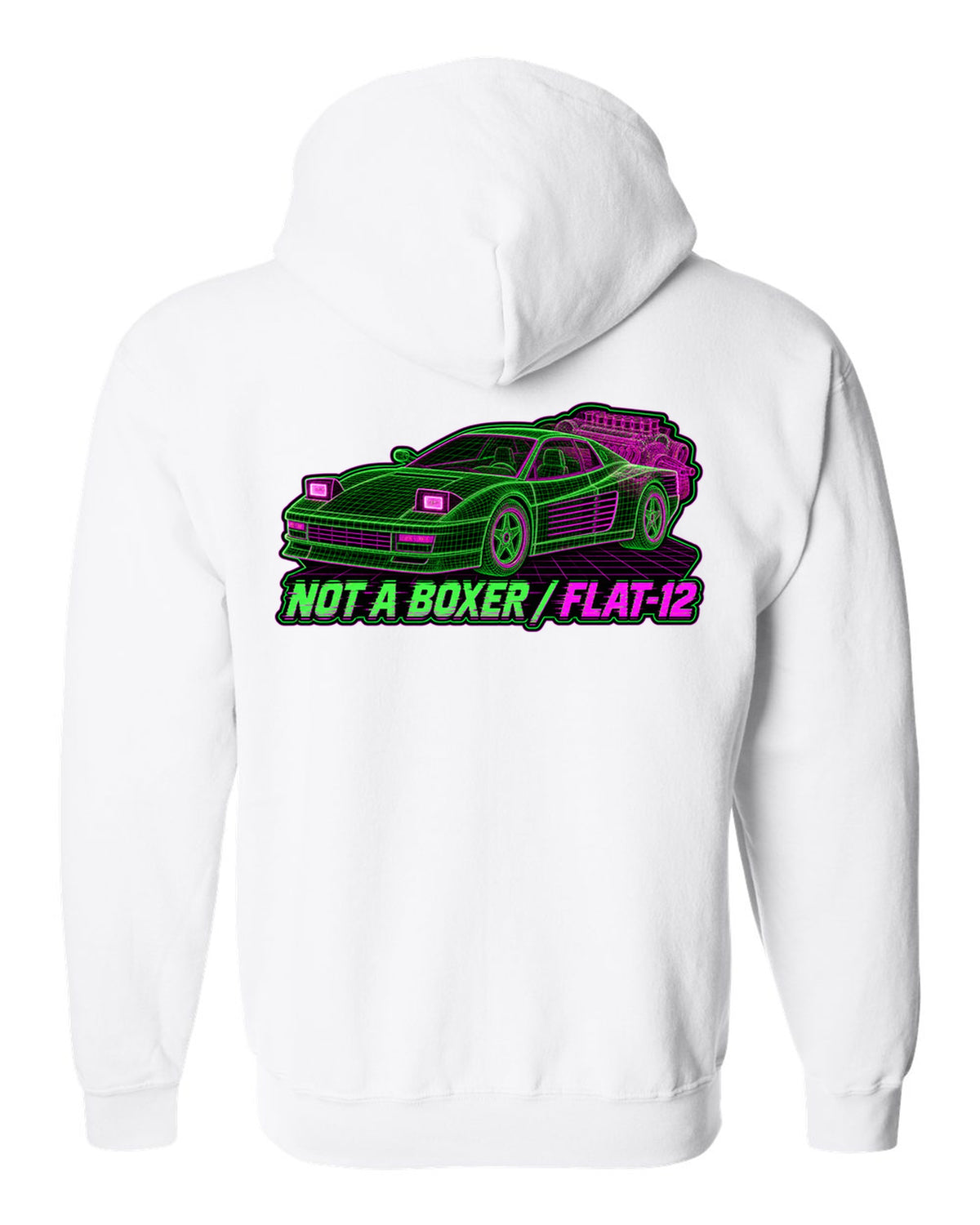Wireframe mesh print of the Ferrari Testarossa F110 with the text not a boxer, flat-12 white zip hoodie back view with the design