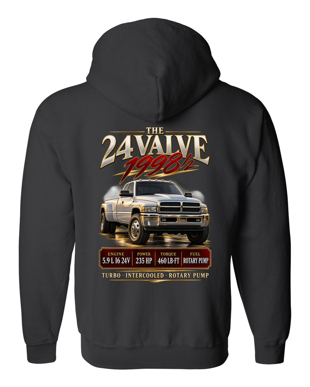 Archive panel of a 1998.5-2002 Ram 2500 2nd gen 24V with 235 HP and 460 lb-ft black zip hoodie back view with the design