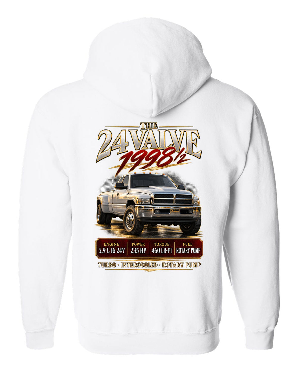 Archive panel of a 1998.5-2002 Ram 2500 2nd gen 24V with 235 HP and 460 lb-ft white zip hoodie back view with the design
