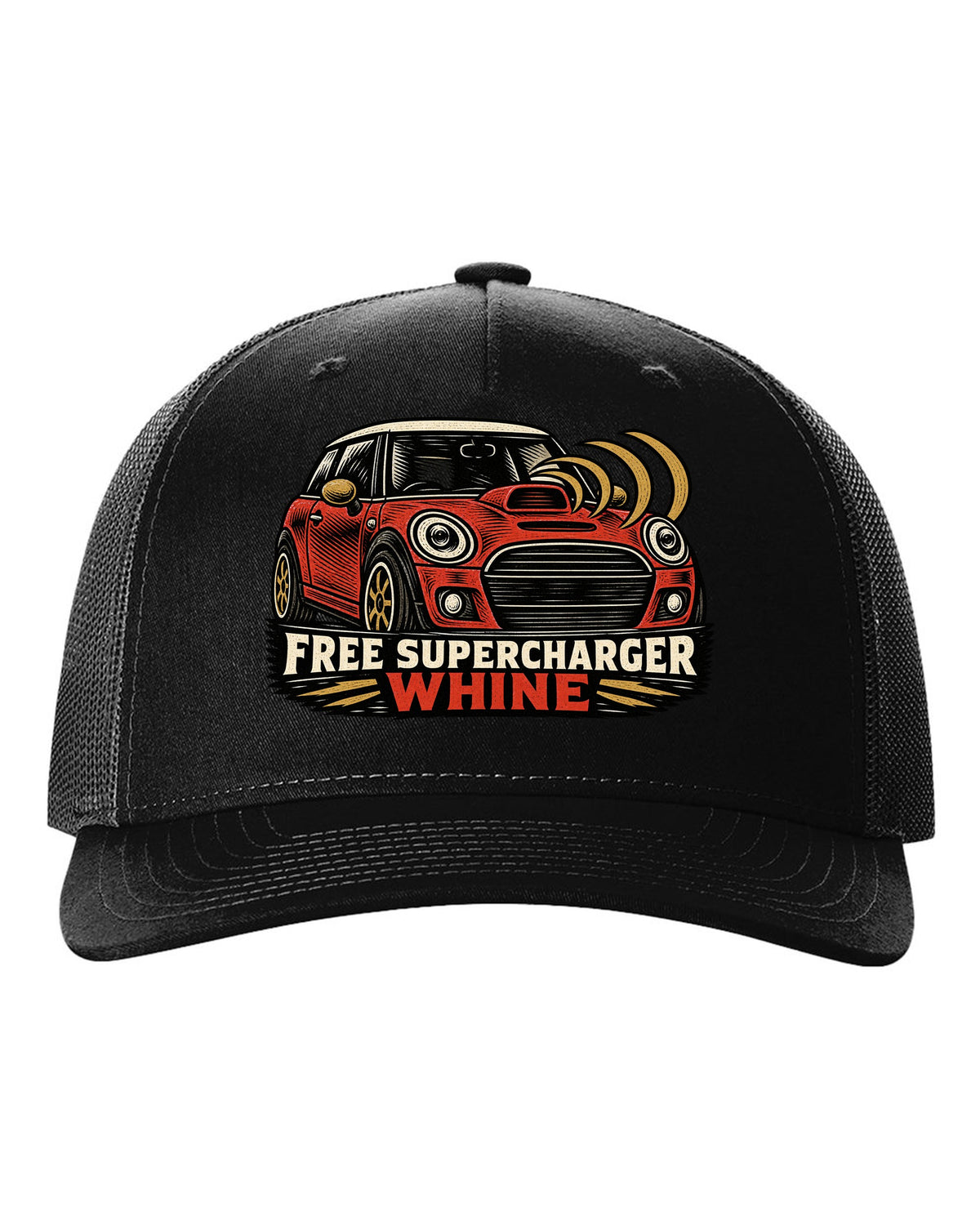 Linocut woodcut print of a Mini Cooper S R53 with the words free supercharger whine black hat front view with the design