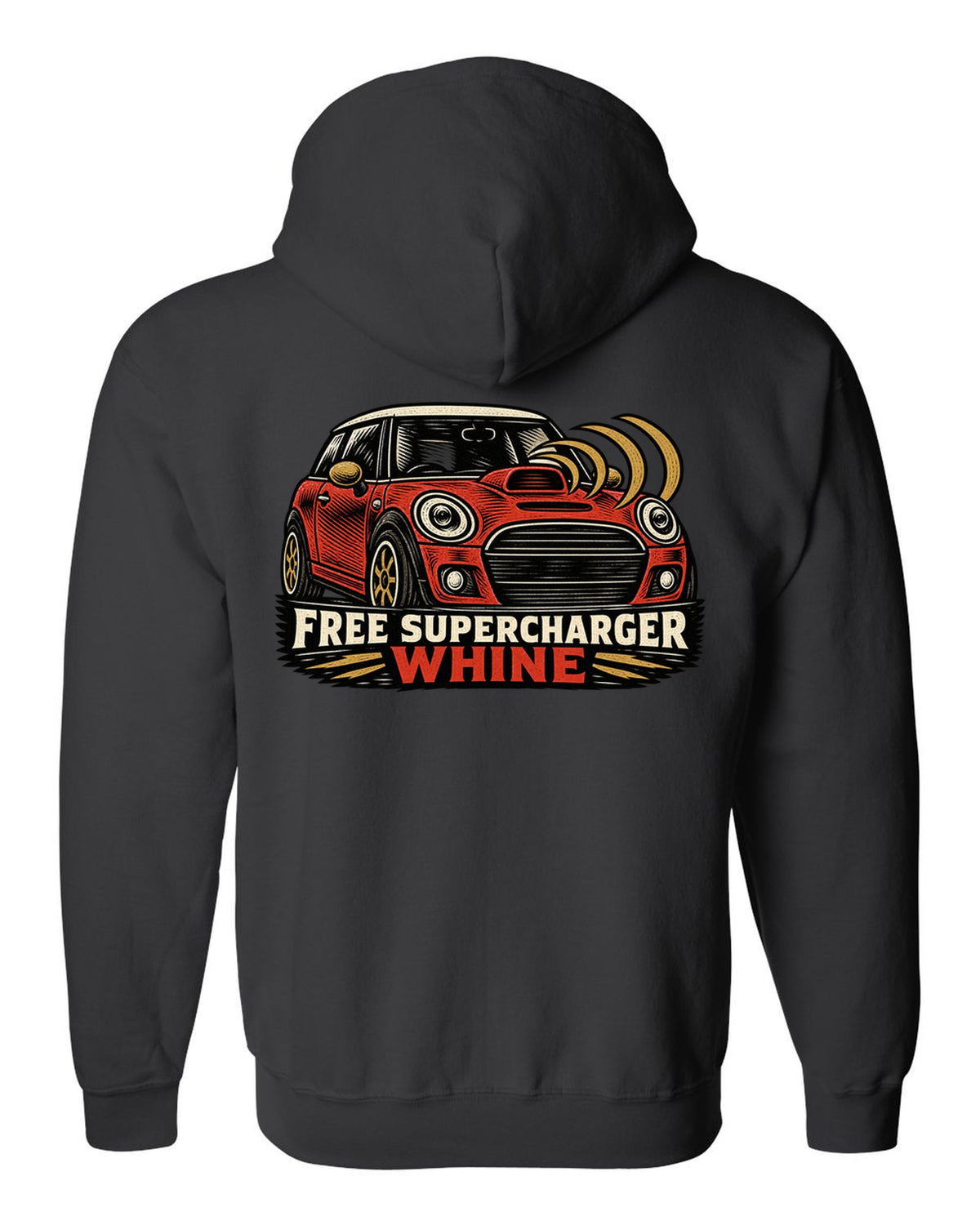 Linocut woodcut print of a Mini Cooper S R53 with the words free supercharger whine black zip hoodie back view with the design