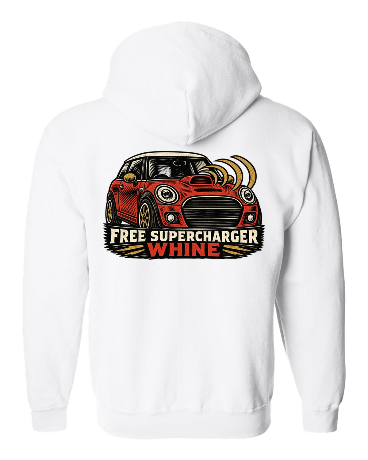 Linocut woodcut print of a Mini Cooper S R53 with the words free supercharger whine white zip hoodie back view with the design
