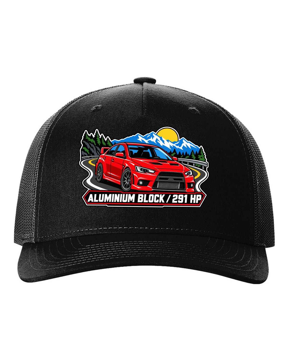 Bold three-colour screen-print style print of an airborne Mitsubishi Evo X CZ4A with all four left the ground text black hat front view with the design