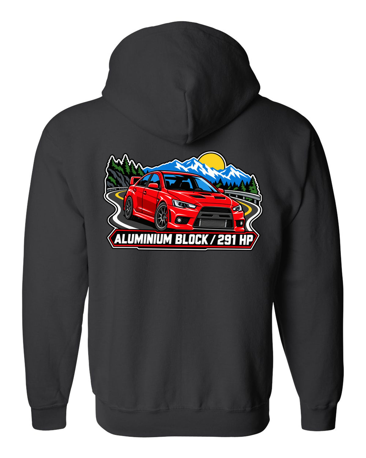 Bold three-colour screen-print style print of an airborne Mitsubishi Evo X CZ4A with all four left the ground text black zip hoodie back view with the design