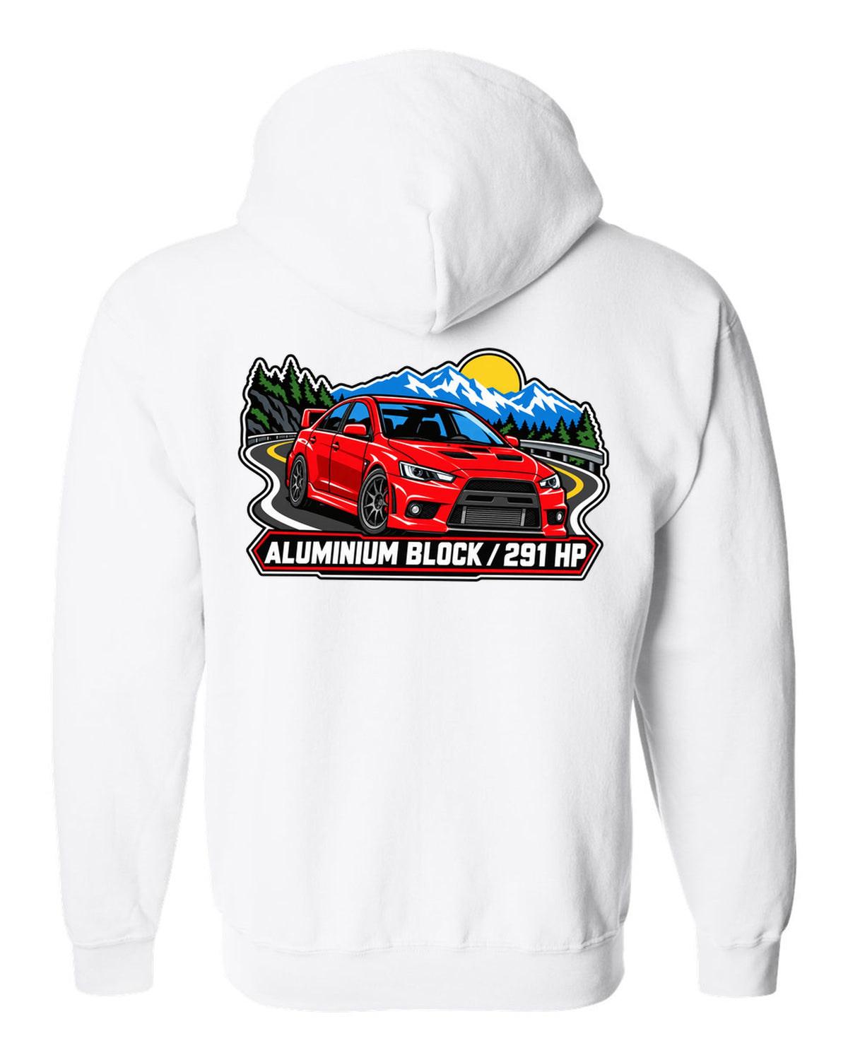 Bold three-colour screen-print style print of an airborne Mitsubishi Evo X CZ4A with all four left the ground text white zip hoodie back view with the design
