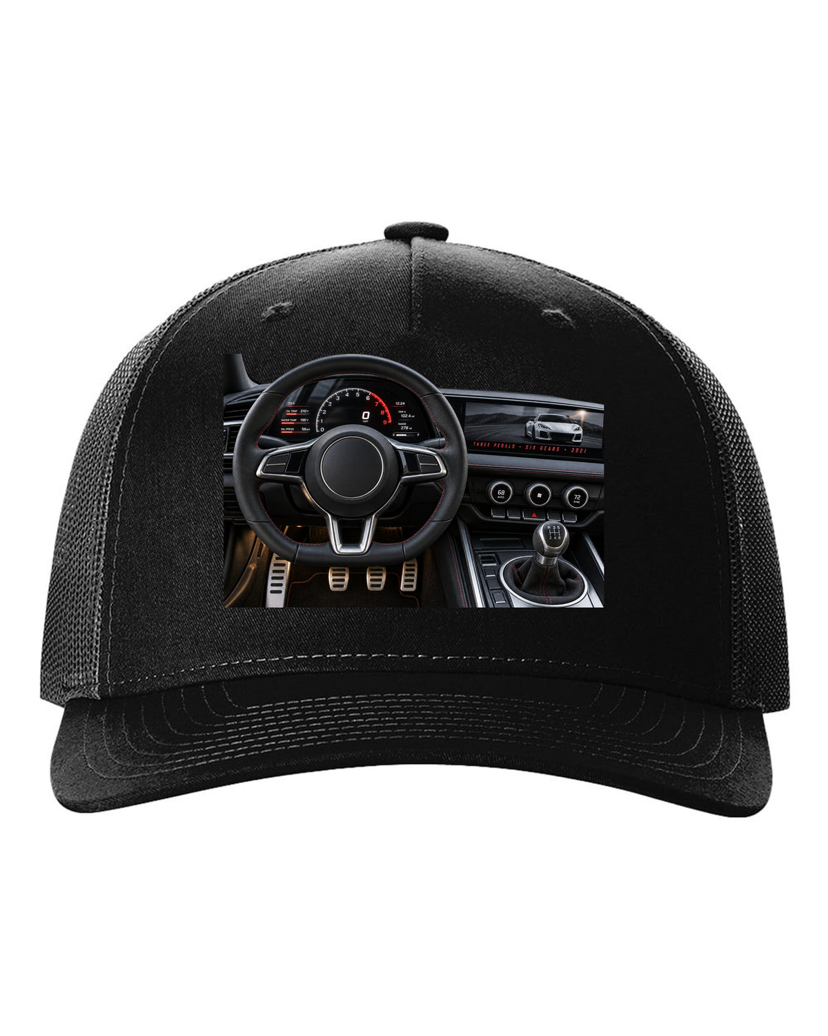 BMW G80 M3 cockpit gauge print with three pedals six gears lettering black hat front view with the design