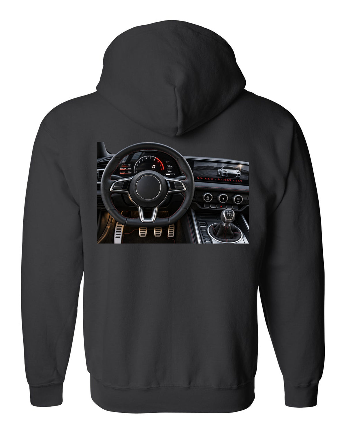 BMW G80 M3 cockpit gauge print with three pedals six gears lettering black zip hoodie back view with the design