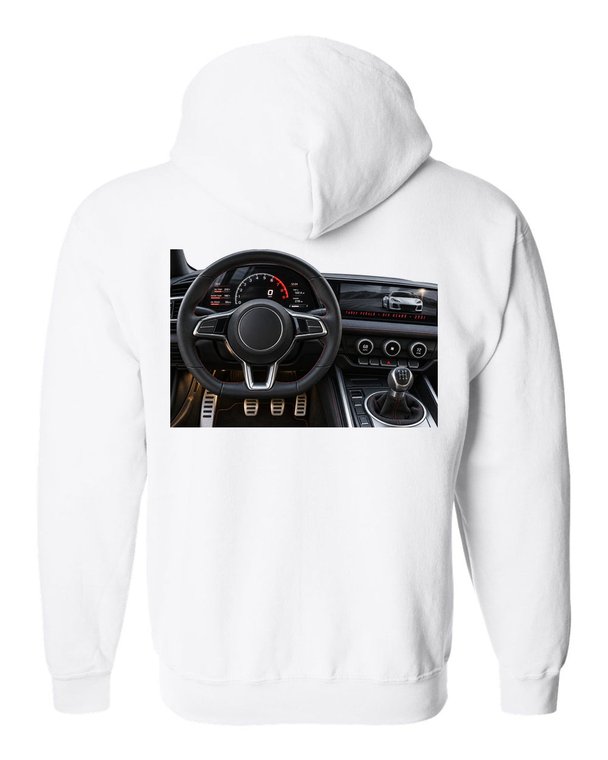 BMW G80 M3 cockpit gauge print with three pedals six gears lettering white zip hoodie back view with the design