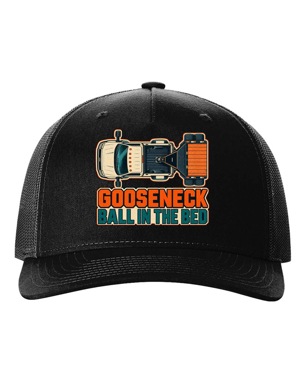 Top-down risograph print of a 2019-2024 Ram HD 3500 long bed with gooseneck ball in the bed text black hat front view with the design