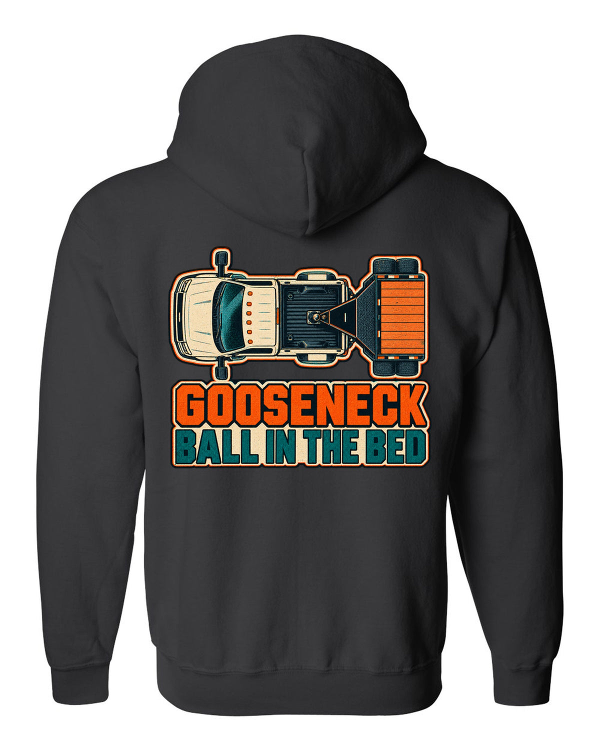 Top-down risograph print of a 2019-2024 Ram HD 3500 long bed with gooseneck ball in the bed text black zip hoodie back view with the design