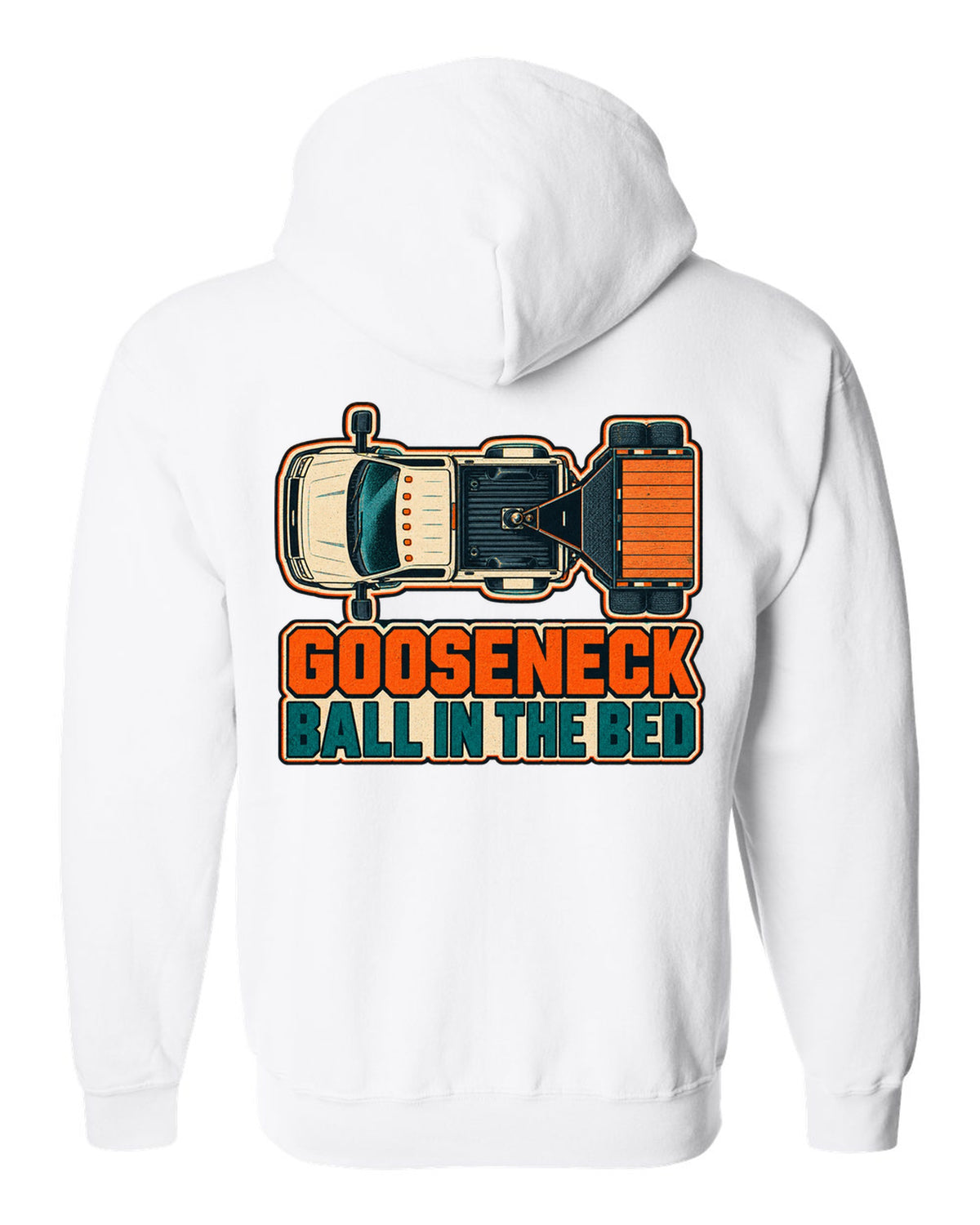 Top-down risograph print of a 2019-2024 Ram HD 3500 long bed with gooseneck ball in the bed text white zip hoodie back view with the design