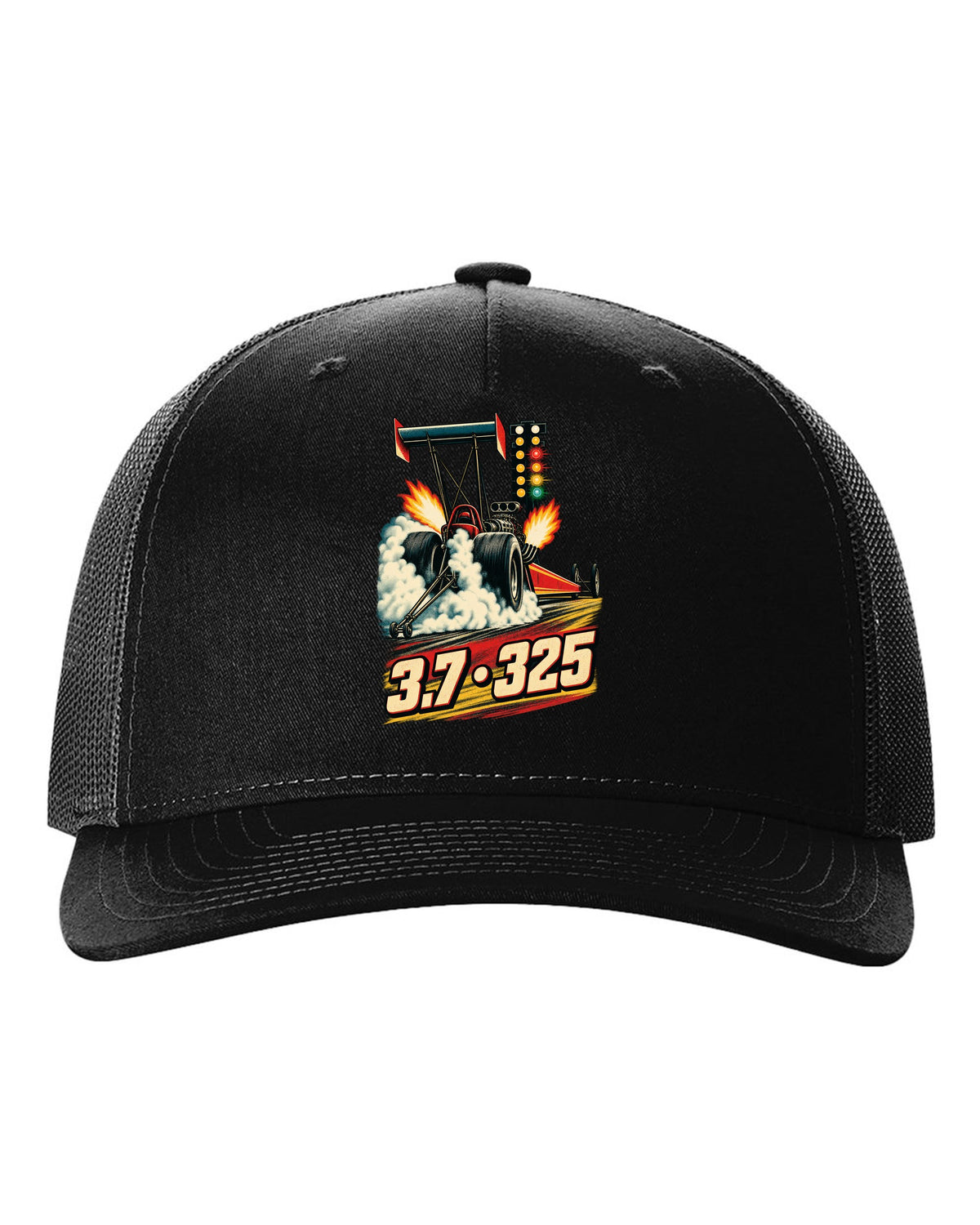 Retro poster style Top Fuel dragster doing a burnout with halftone smoke and 3.7 325 lettering black hat front view with the design