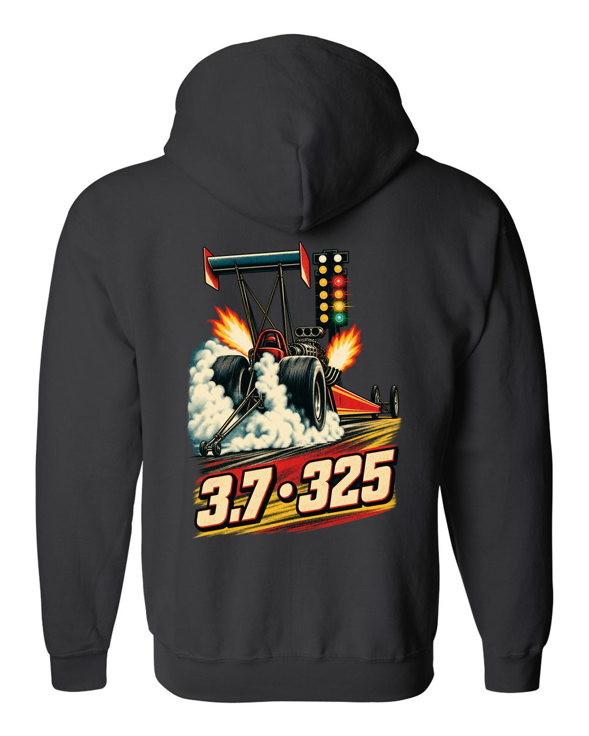 Retro poster style Top Fuel dragster doing a burnout with halftone smoke and 3.7 325 lettering black zip hoodie back view with the design