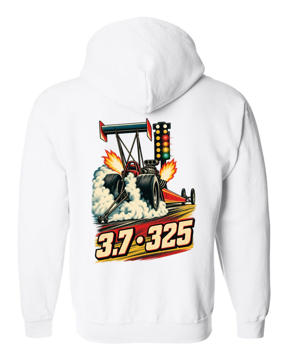 Retro poster style Top Fuel dragster doing a burnout with halftone smoke and 3.7 325 lettering white zip hoodie back view with the design