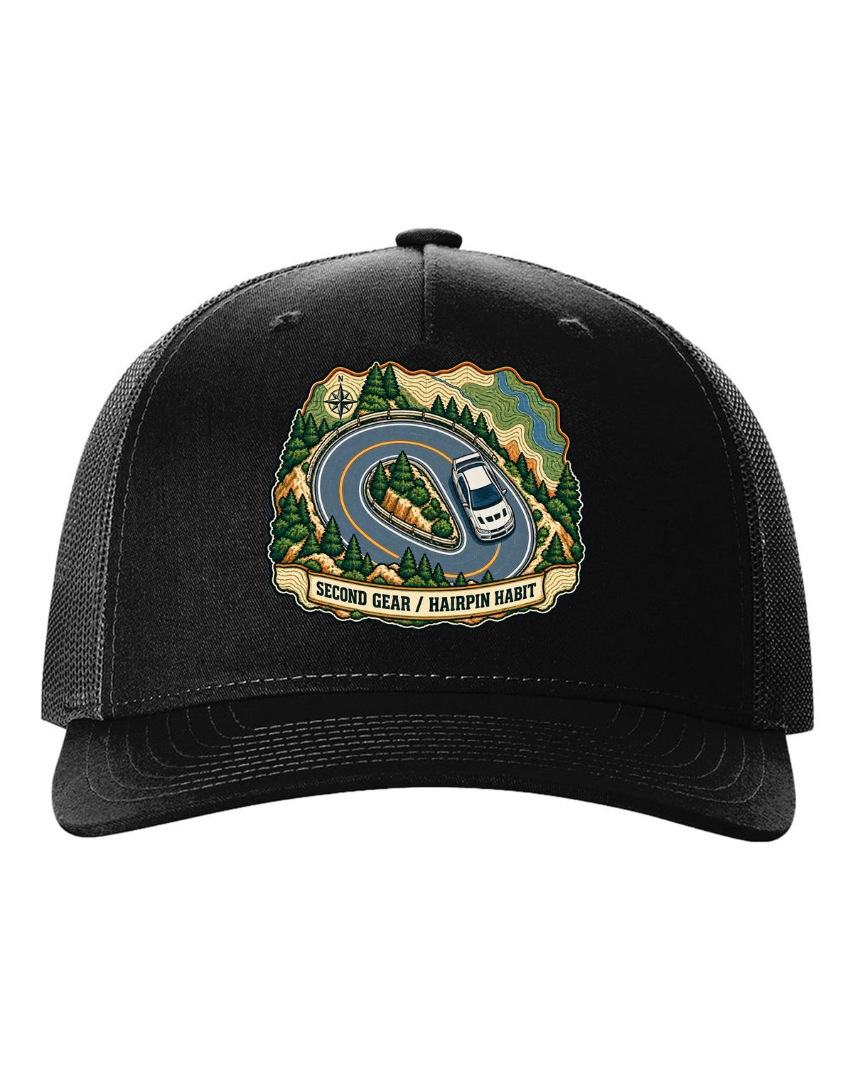 Topographic route map print for the Mitsubishi Evo VII CT9A with second gear hairpin habit text black hat front view with the design
