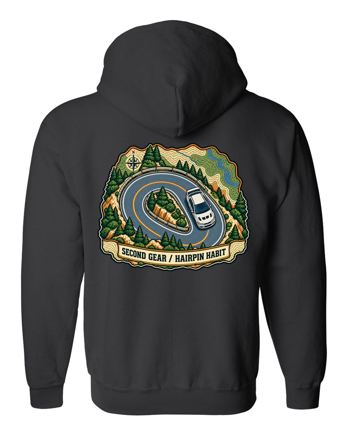 Topographic route map print for the Mitsubishi Evo VII CT9A with second gear hairpin habit text black zip hoodie back view with the design
