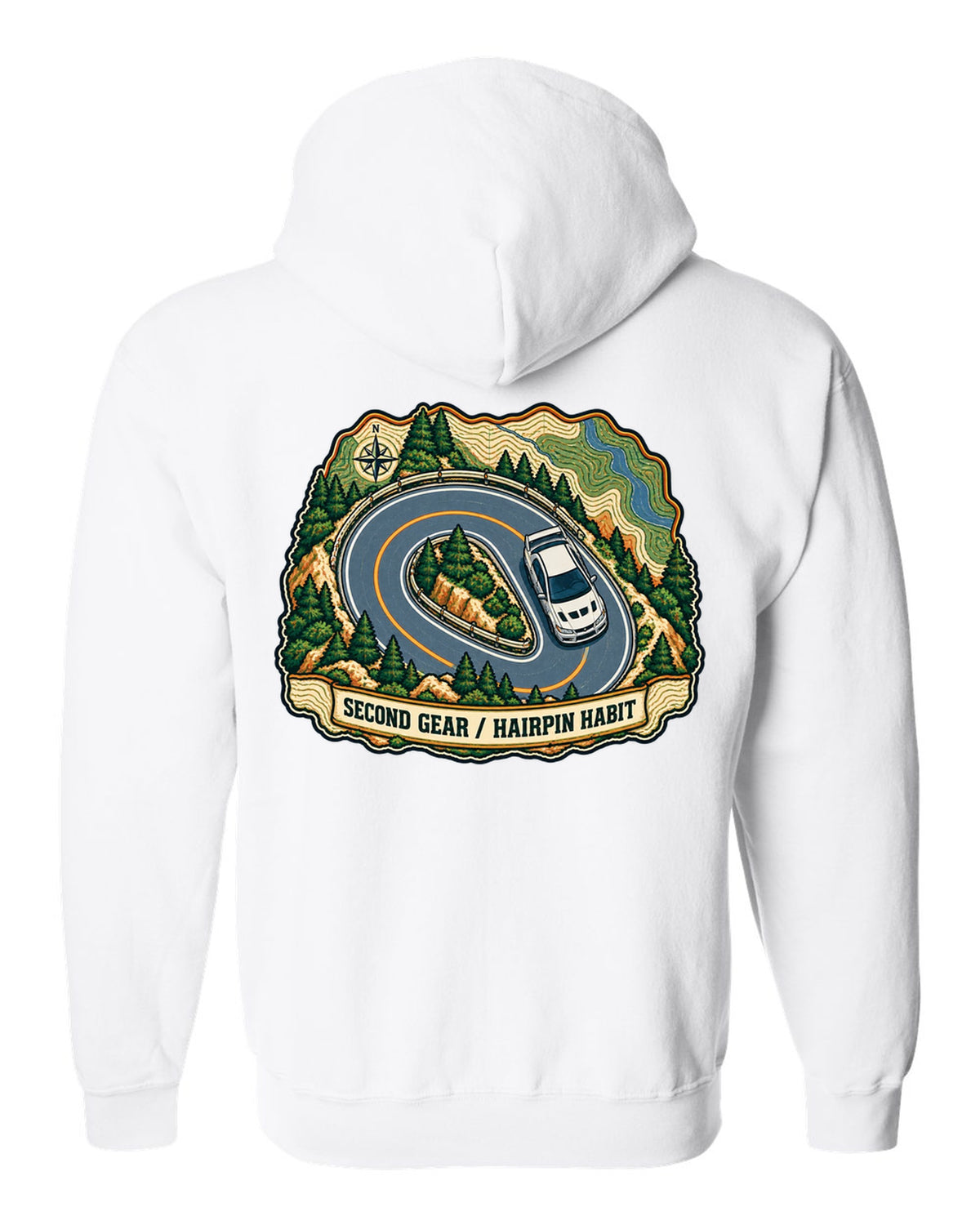 Topographic route map print for the Mitsubishi Evo VII CT9A with second gear hairpin habit text white zip hoodie back view with the design
