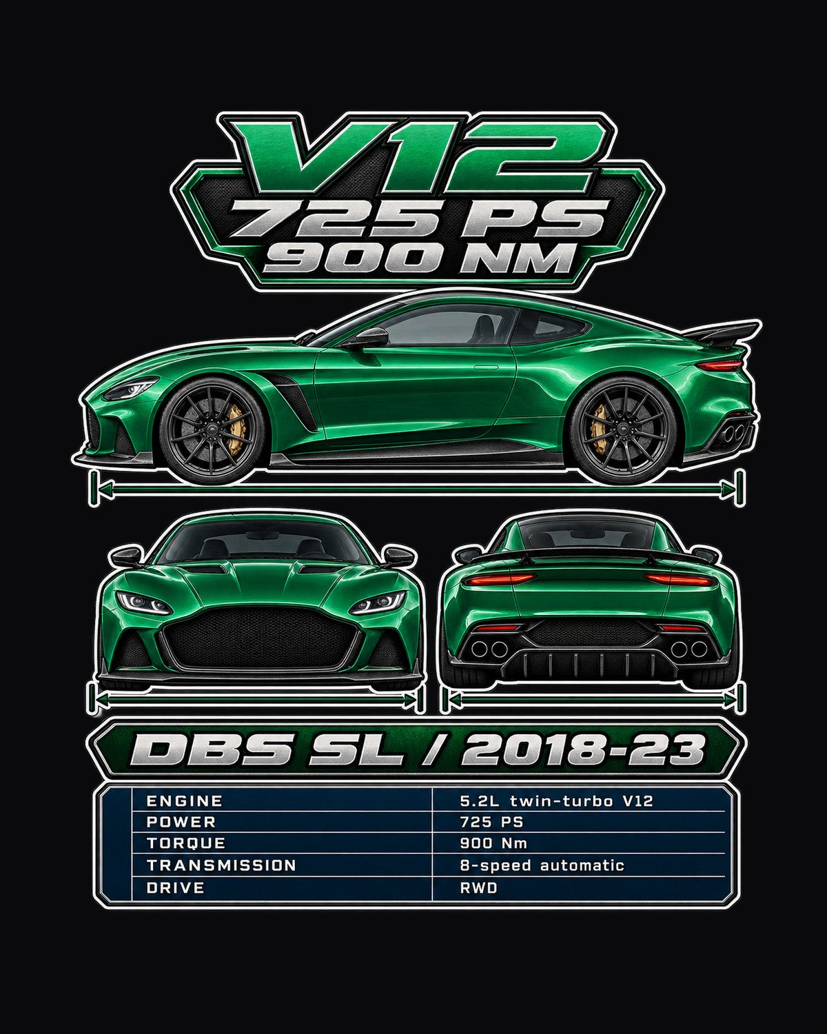 Aston Martin Dbs Superleggera Spec Sheet Full-Back Graphic Tee design only