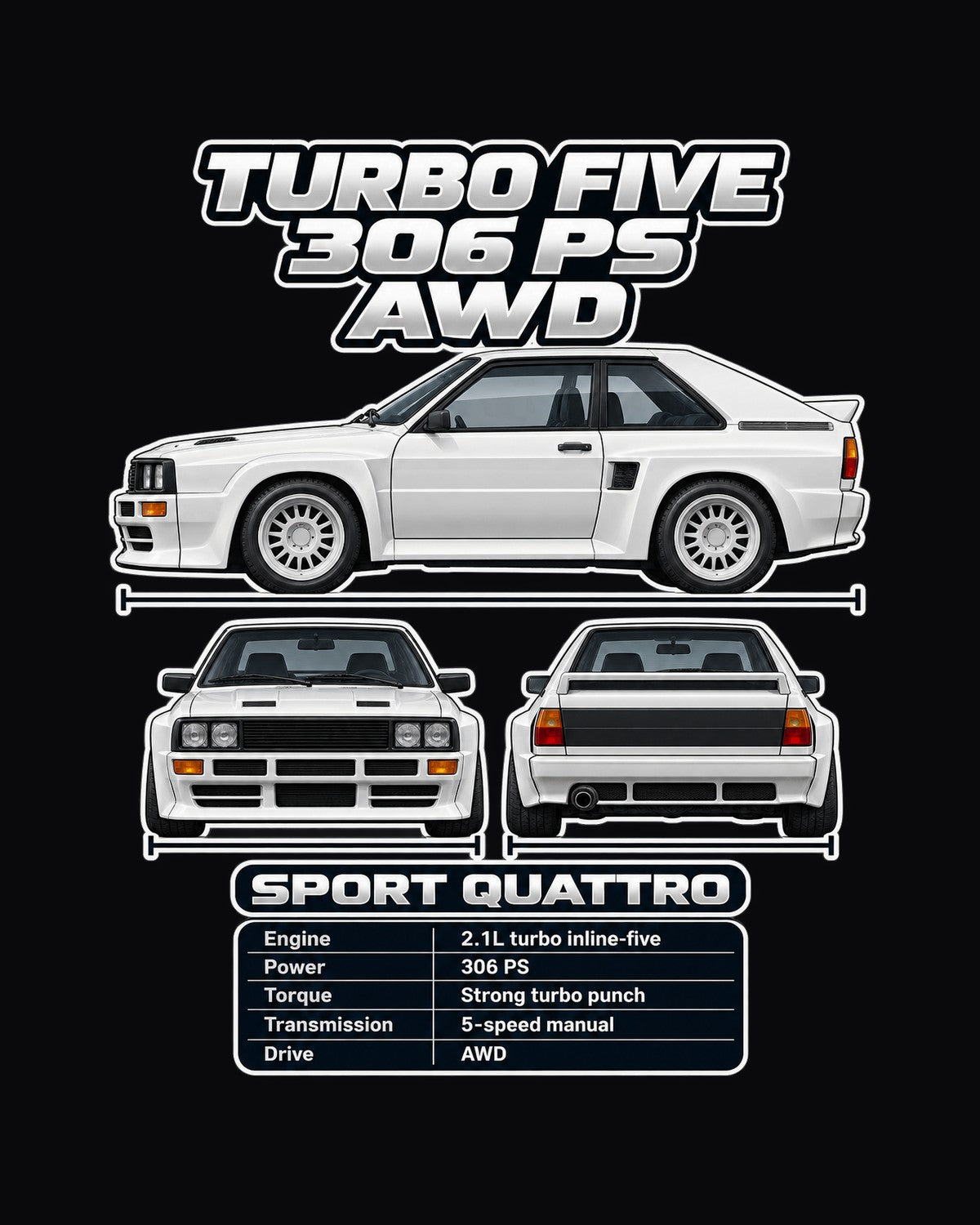 Audi Sport Quattro Spec Sheet Full-Back Graphic Tee design only