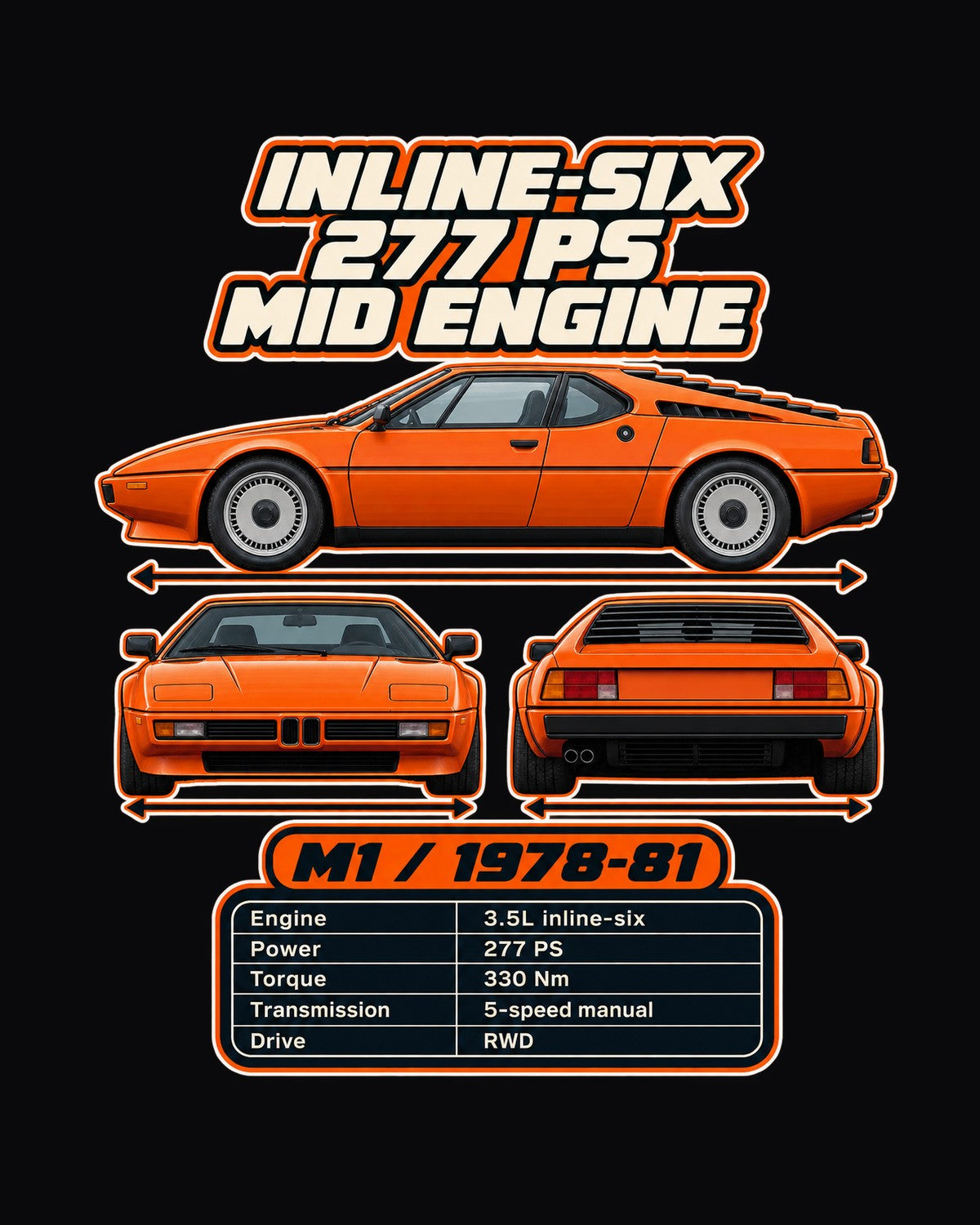 BMW M1 Spec Sheet Full-Back Graphic Tee design only