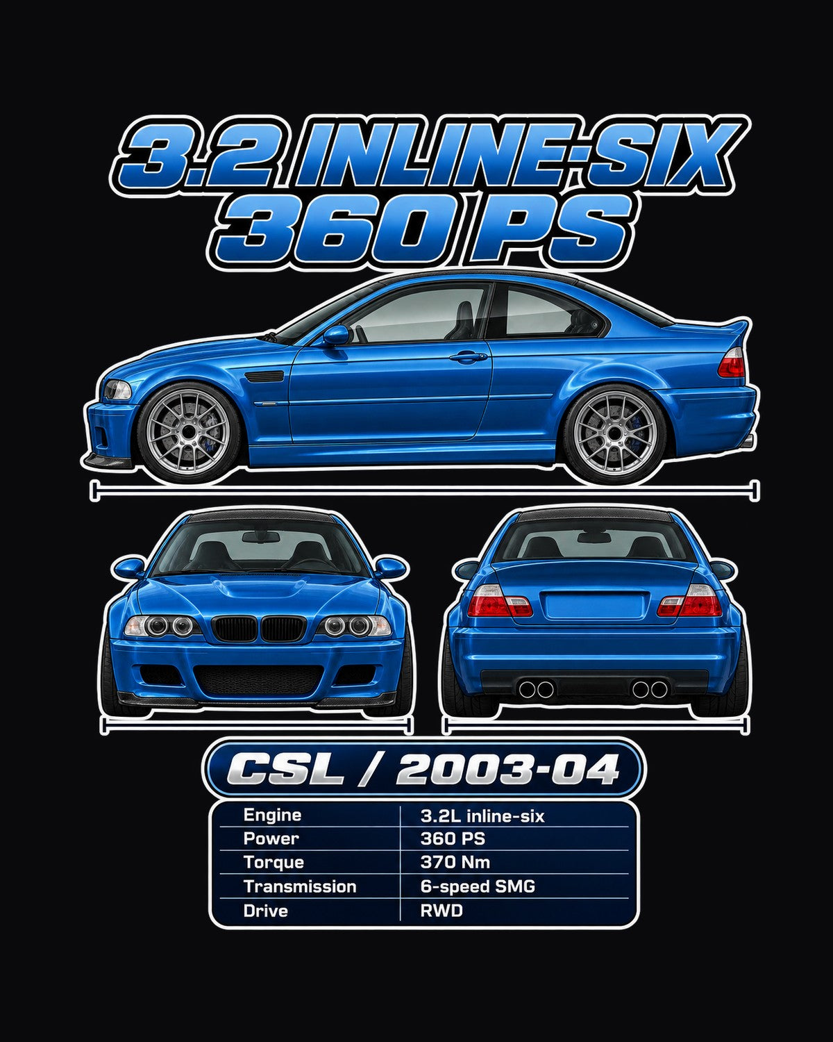 BMW M3 Csl E46 Spec Sheet Full-Back Graphic Tee design only