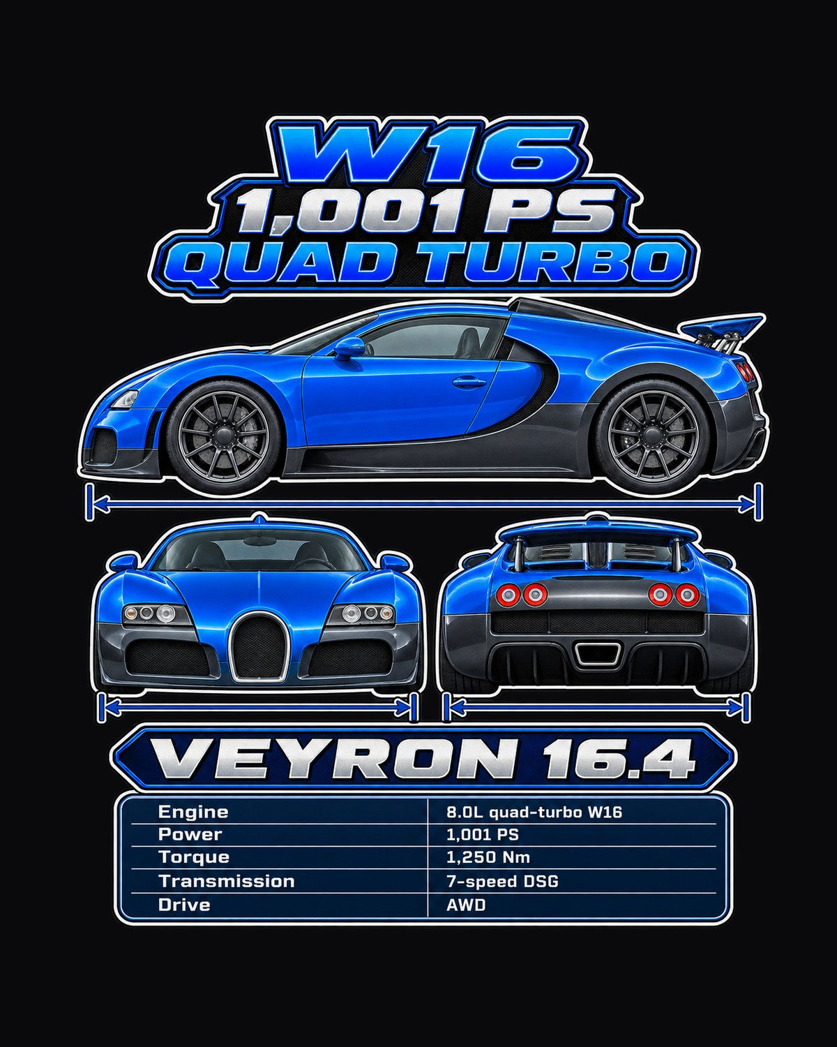 Bugatti Veyron 164 Spec Sheet Full-Back Graphic Tee design only