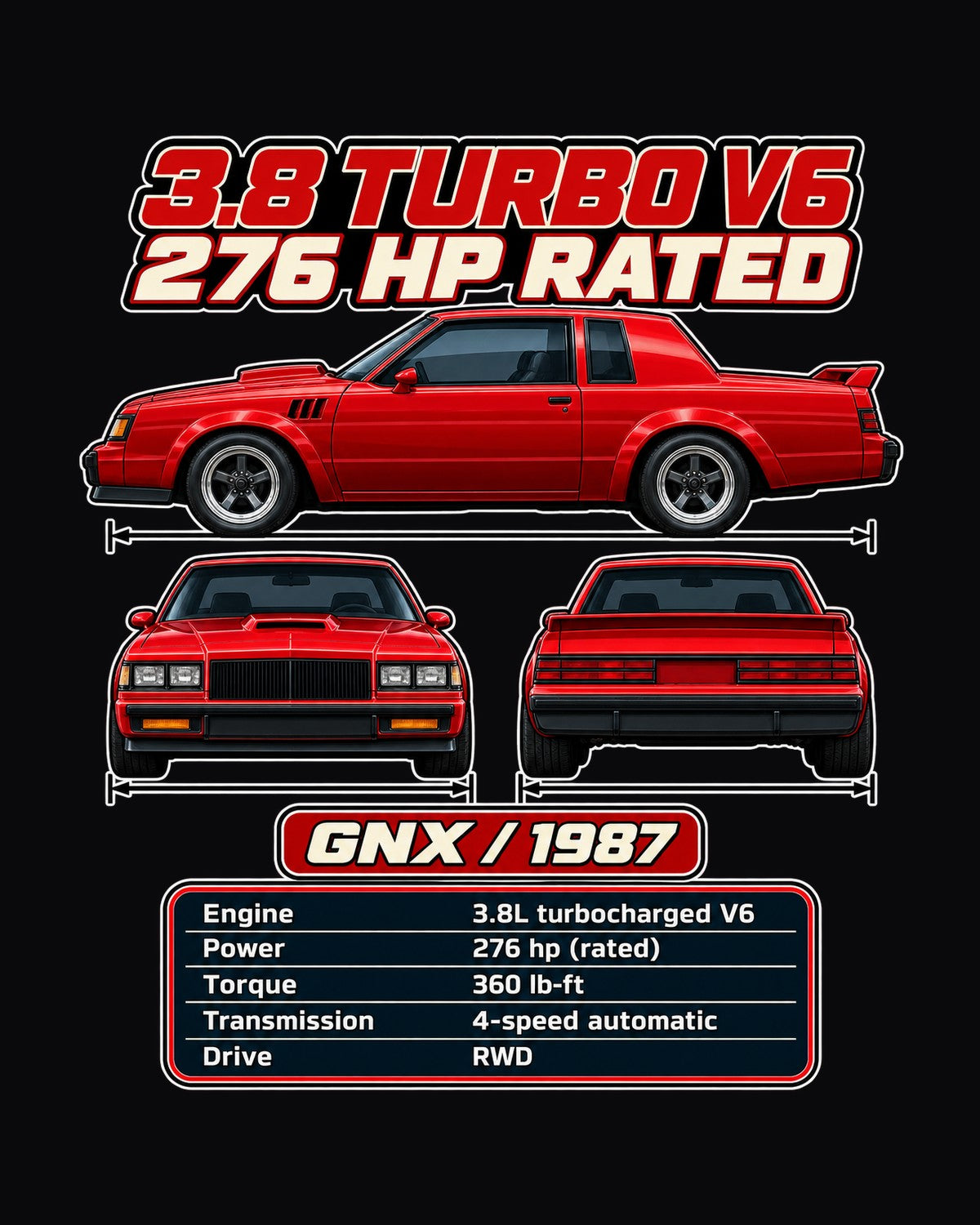 Buick Grand National Gnx Spec Sheet Full-Back Graphic Tee design only