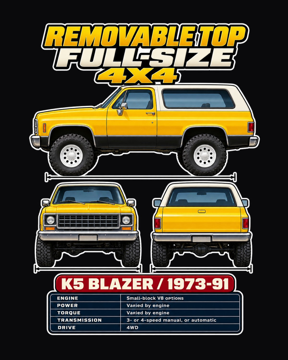 Chevrolet K5 Blazer Spec Sheet Full-Back Graphic Tee design only