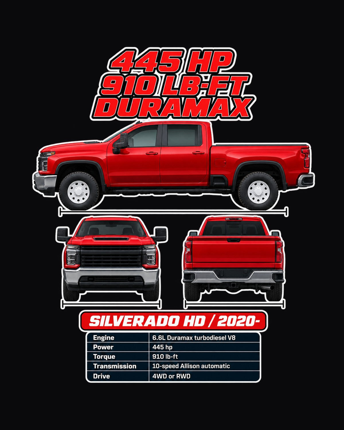 Chevrolet Silverado Hd Spec Sheet Full-Back Graphic Tee design only