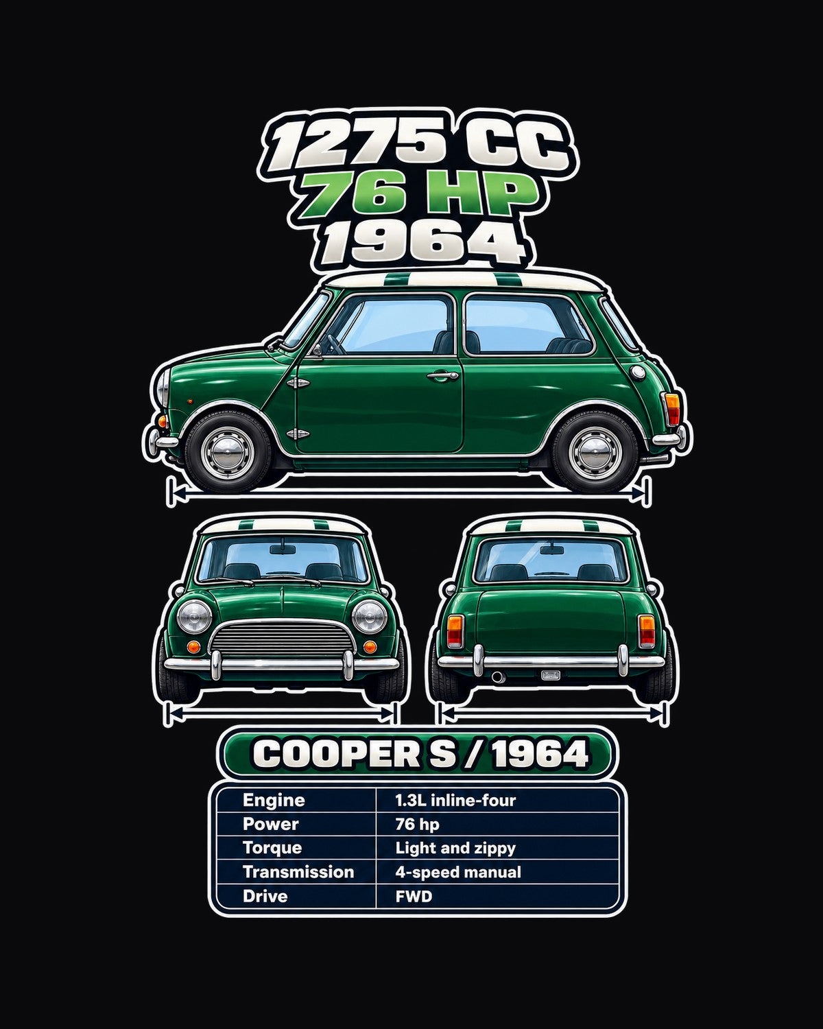 Classic Mini Cooper S Spec Sheet Full-Back Graphic Tee design only