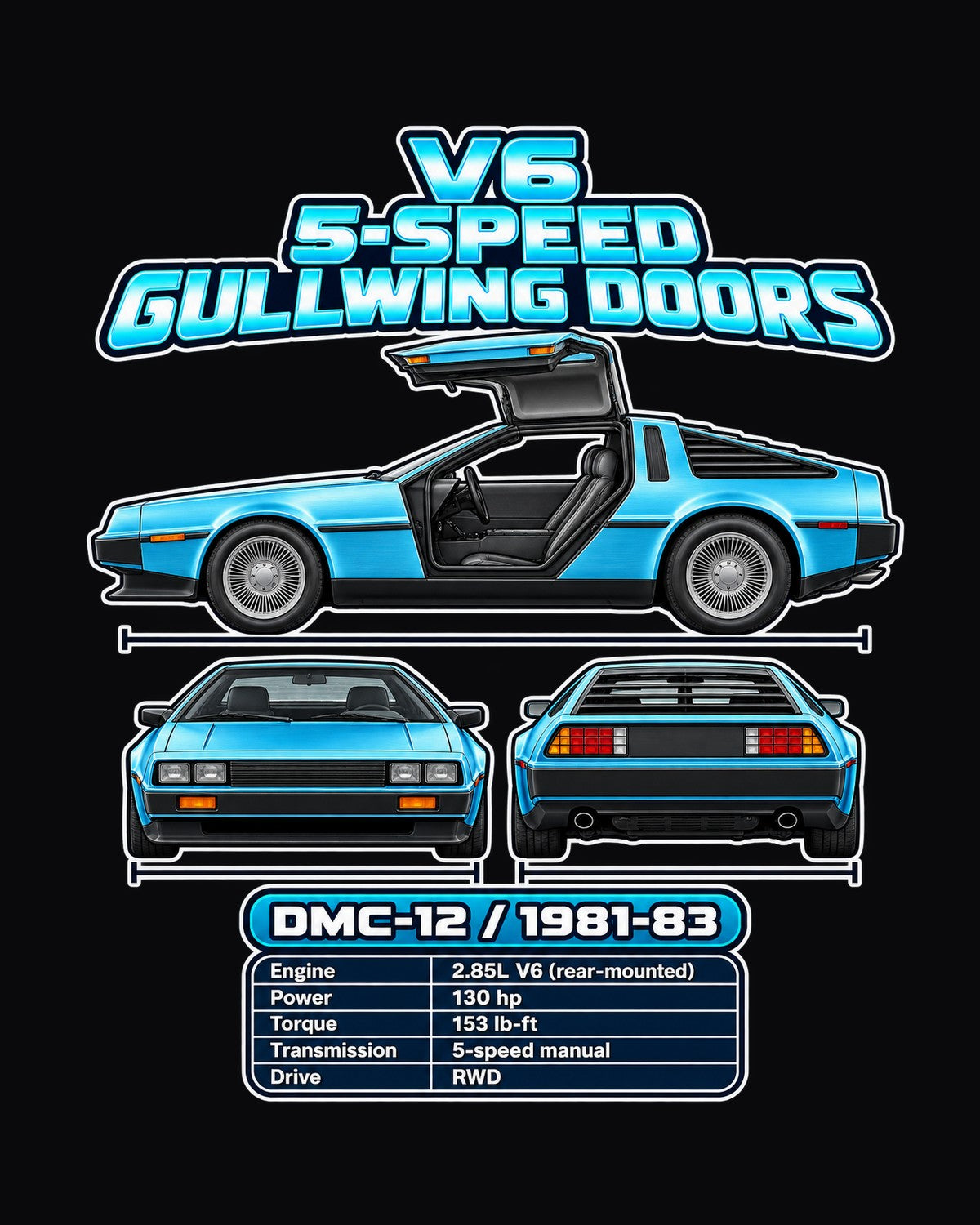 Delorean Dmc 12 Spec Sheet Full-Back Graphic Tee design only