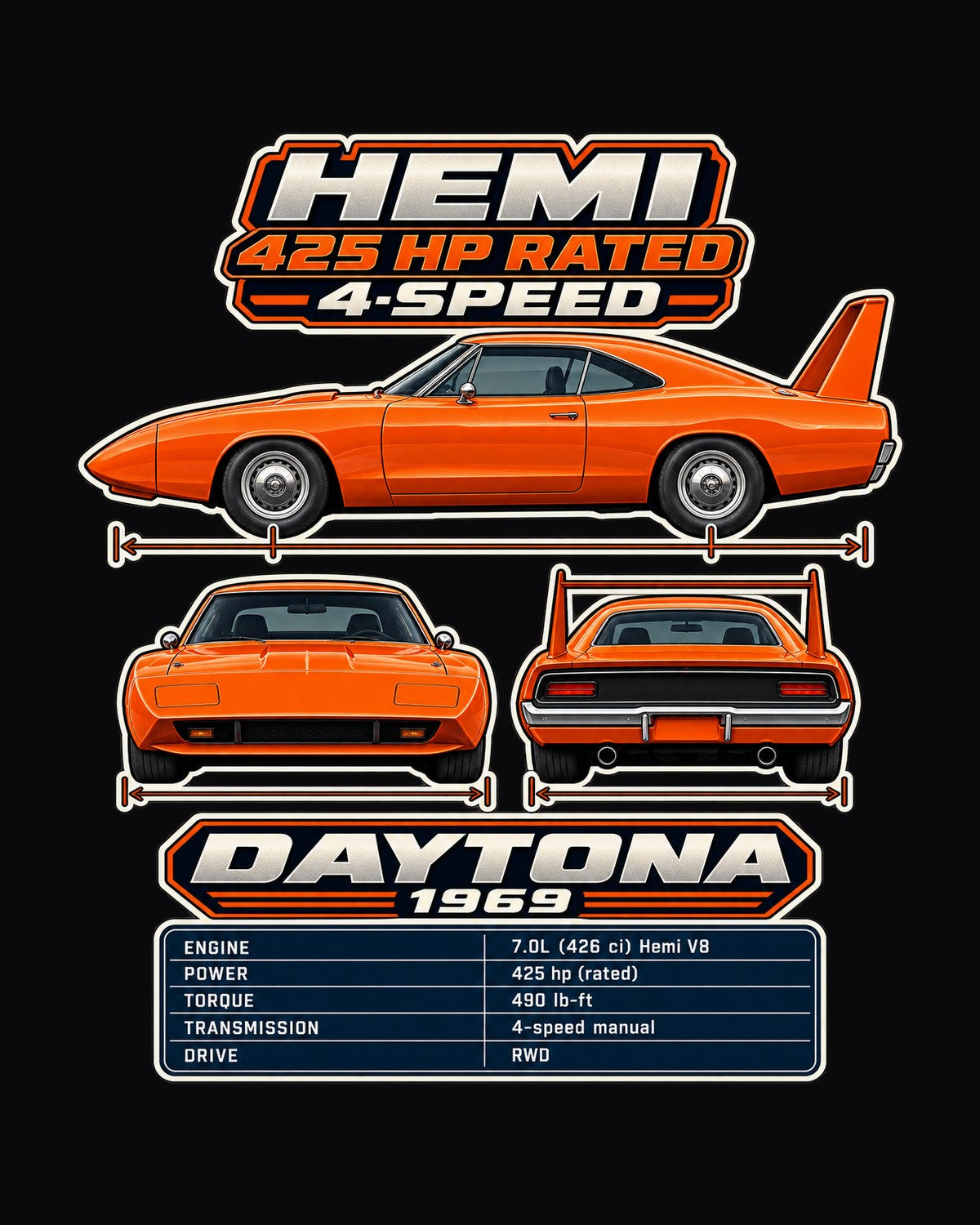 Dodge Charger Daytona Spec Sheet Full-Back Graphic Tee design only