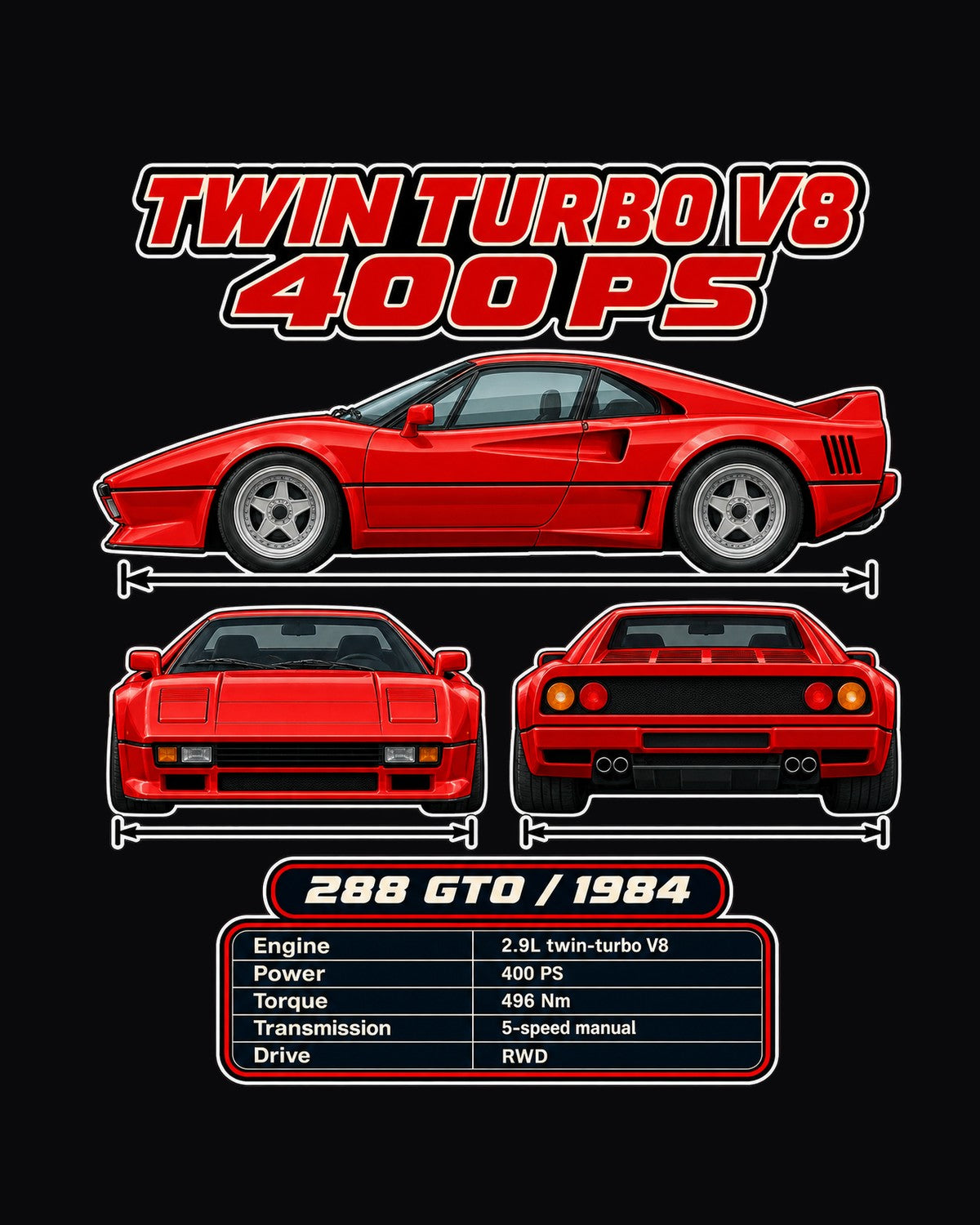 Ferrari 288 Gto Spec Sheet Full-Back Graphic Tee design only